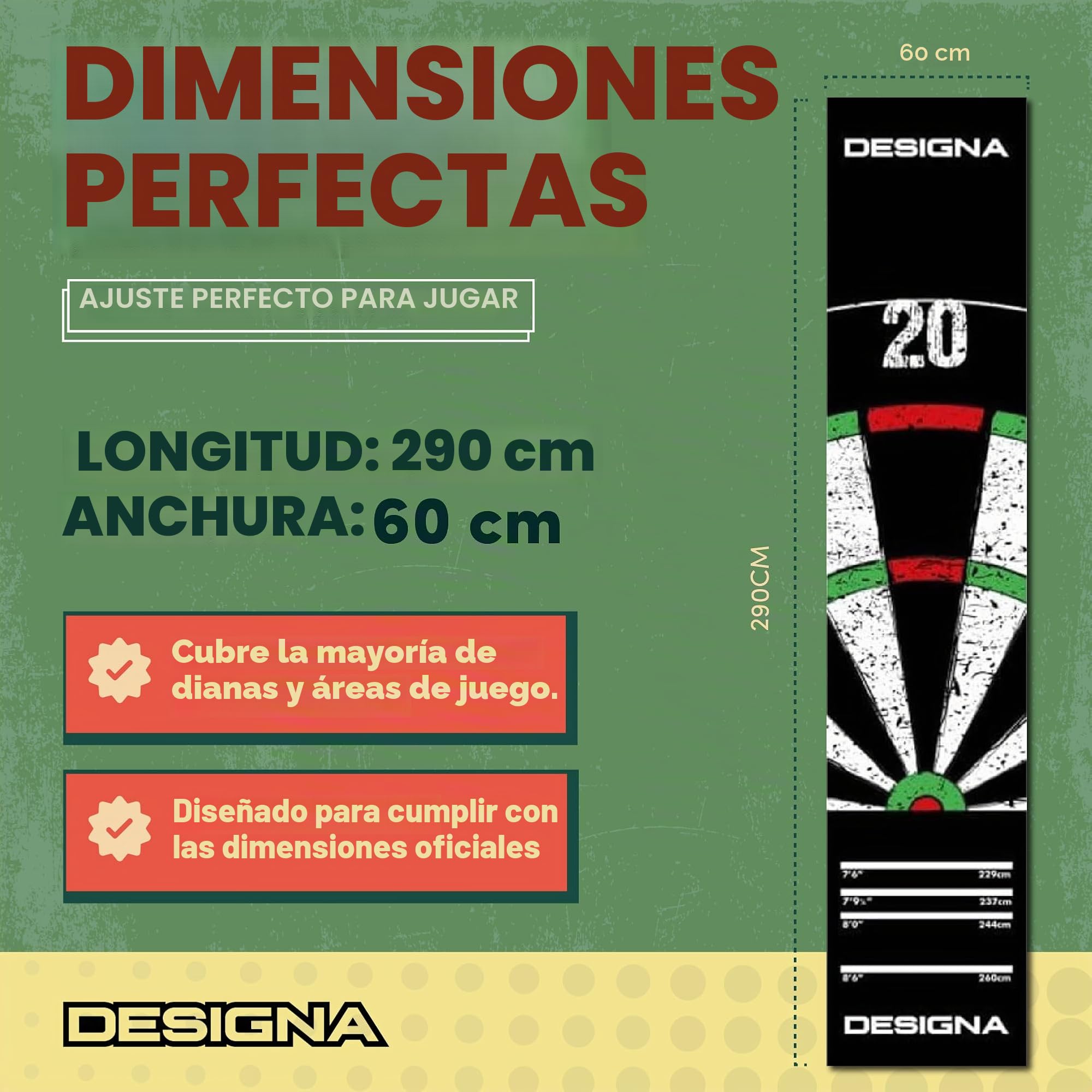 Designa Darts MAT43 | Alfombra Antideslizante para Dardos, Doble Parte Superior, 290 cm x 60 cm