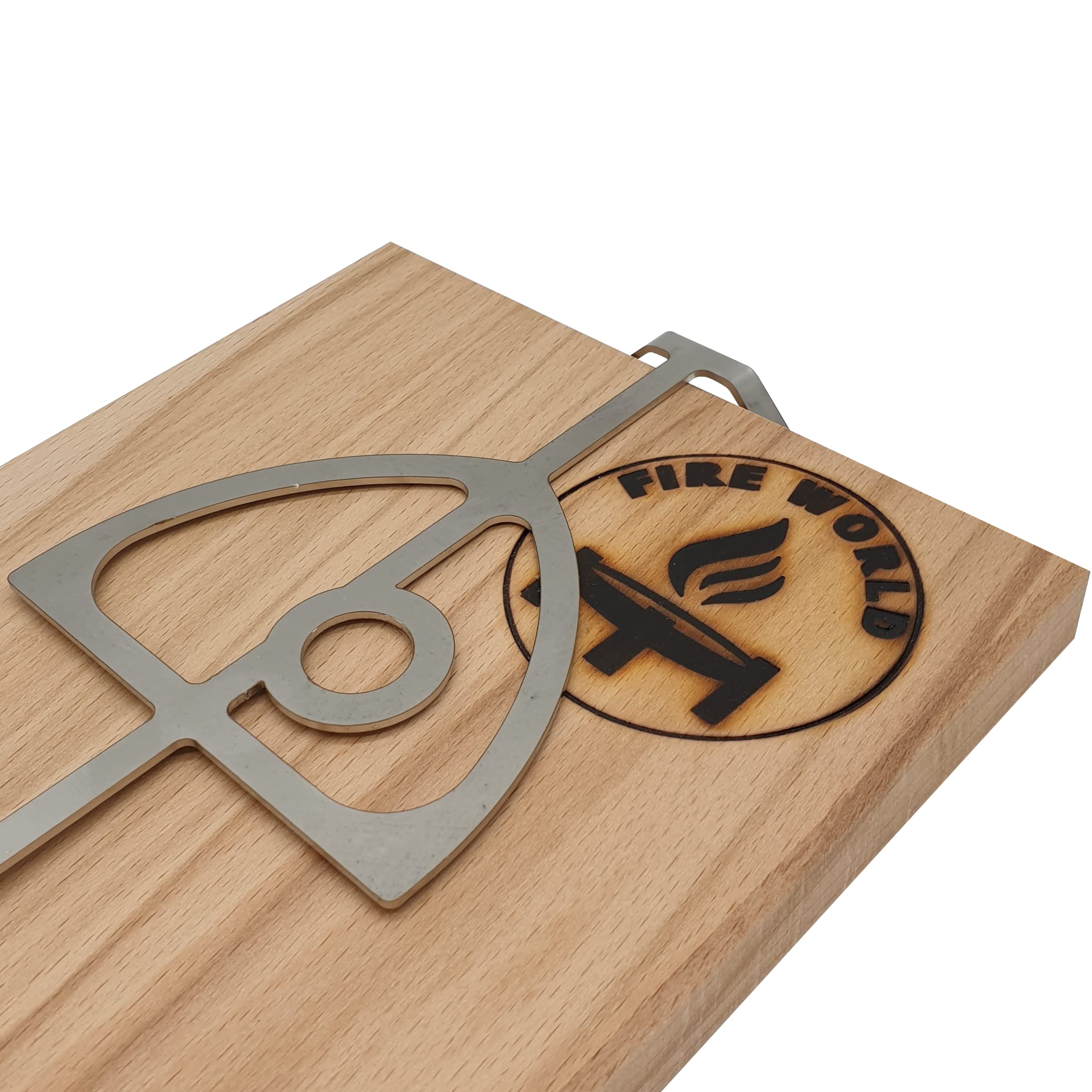 Fire World - Flammlachsbrett - 1er Set Flammlachsbrett - Flammlachsbretter mit Halterung aus Edelstahl - Lachsbrett aus Buche - Feuerschale - Räucherbrett - Flammlachs - Made in Germany