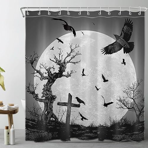 Miniatura 9 de LB Creepy Halloween Shower Curtain Scary Full Moon Crow and Dead Tree with Cemetery Bathroom Shower Curtain Black and White Bathroom Decor with