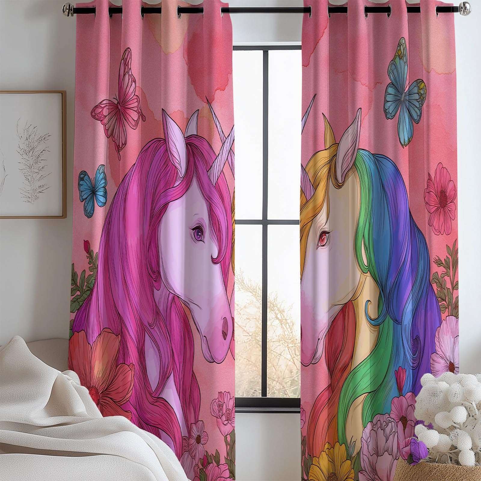 Rideaux licorne rose pour décoration de fenêtre de chambre d'enfant