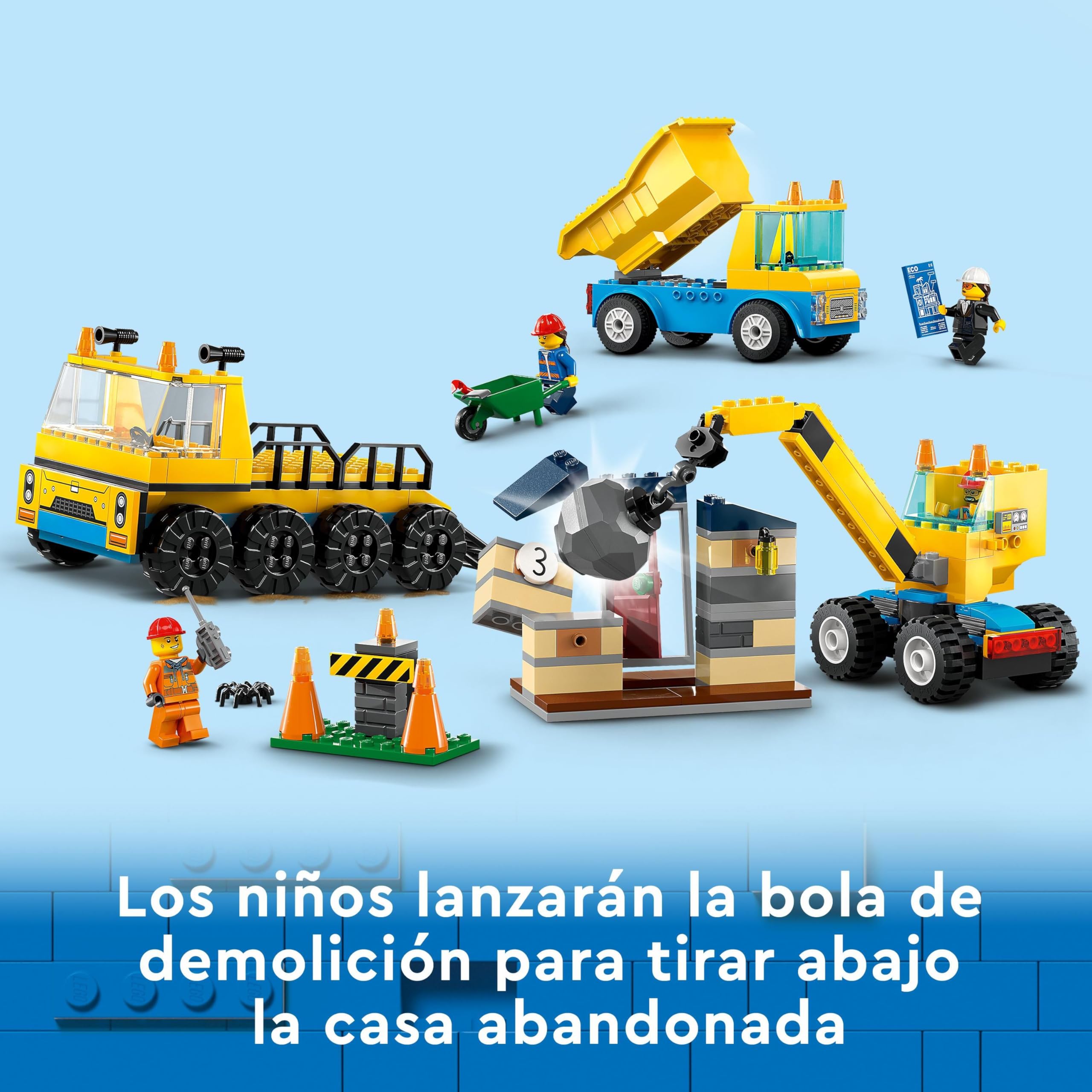 LEGO City Camiones de Construcción y Grúa con Bola de Demolición, Excavadora de Juguete, Camión Basculante y Vehículos de Transporte, Set de Aprendizaje para Niños y Niñas a Partir de 4 Años 60391