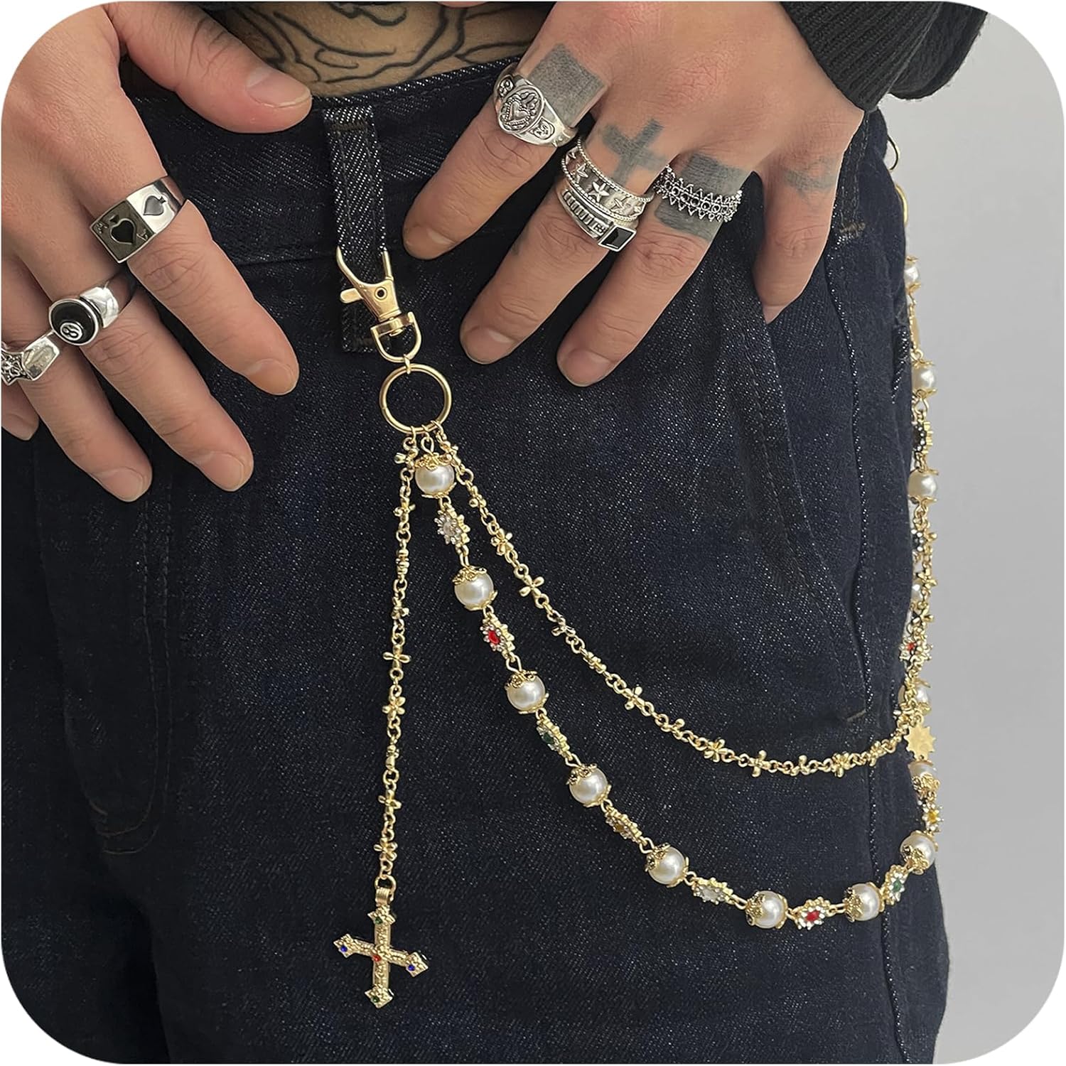 Fashion Layered Pants Wallet Chains - Exquisite Gold Silver Rhinestone Flower Pearl Jean Pocket Chain for Women Men Cute Bag Purse Charms Jewelry - Image 4