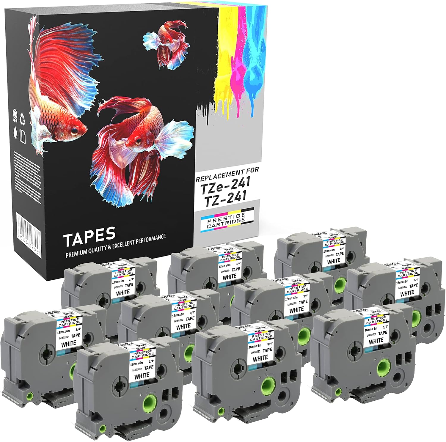 10 Compatible TZe-241 TZ-241 Black on White 18mm x 8m Label Tapes for Brother P-Touch PT-2030VP 2430PC 3600 9600 D400 D400VP D450VP D600VP E300VP E550WVP H300 H500 H500LI P700 P750W Label Makers