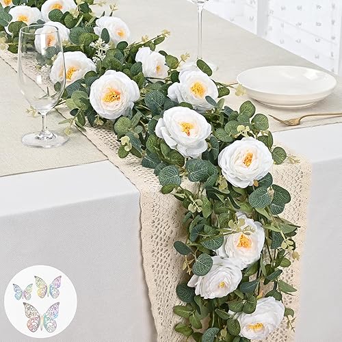 Yastouay Guirnalda de flores blancas más completas de 6.4 pies con mariposa, guirnalda de eucalipto artificial con flores, guirnalda de vid de