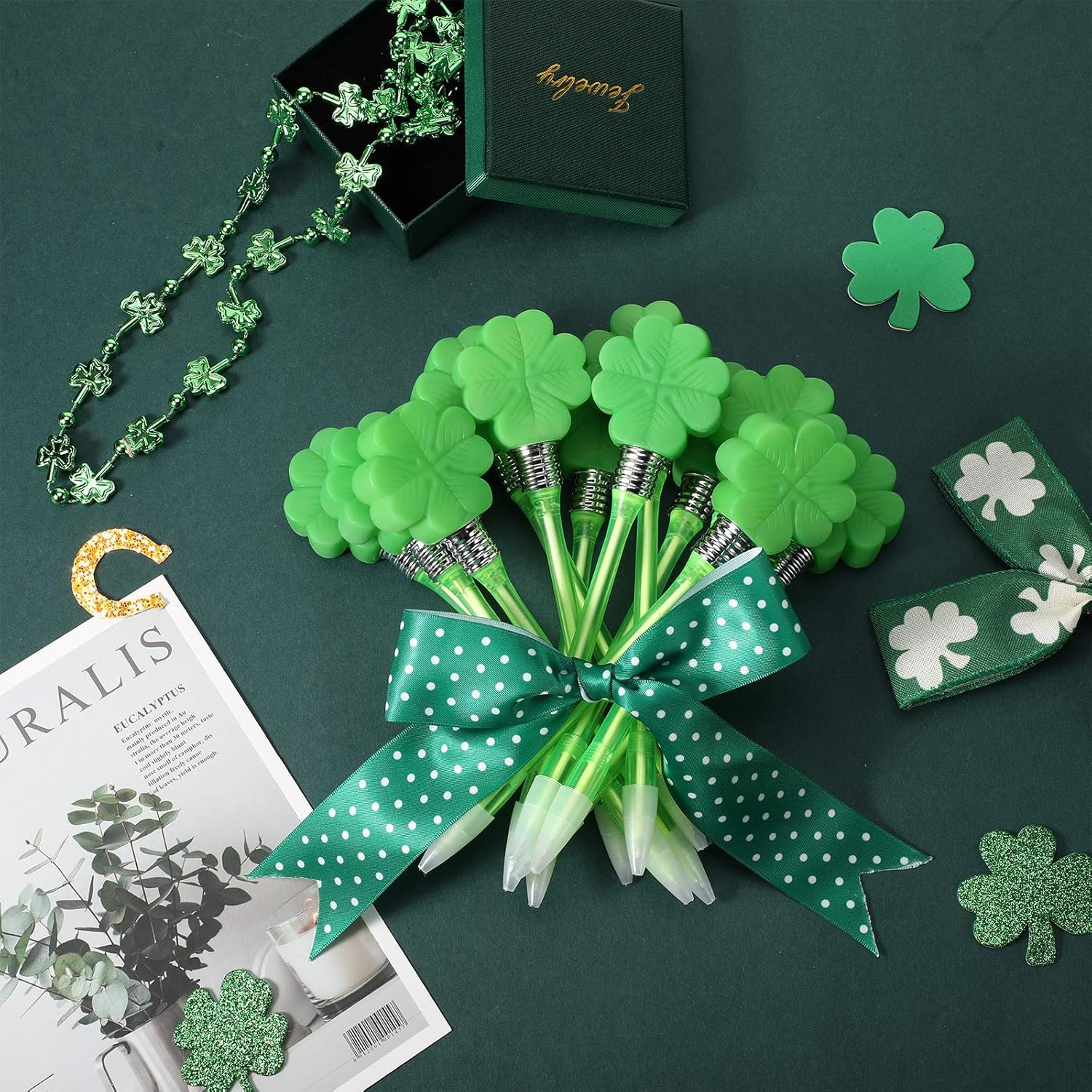 Zonon St. Patrick's Day Pens Shamrock LED Ballpoint Pens Four Leaf Clover Flashing Black Gel Ink Pen Glow in the Dark Pens Birthday Presents Office Supplies(24 Pieces)