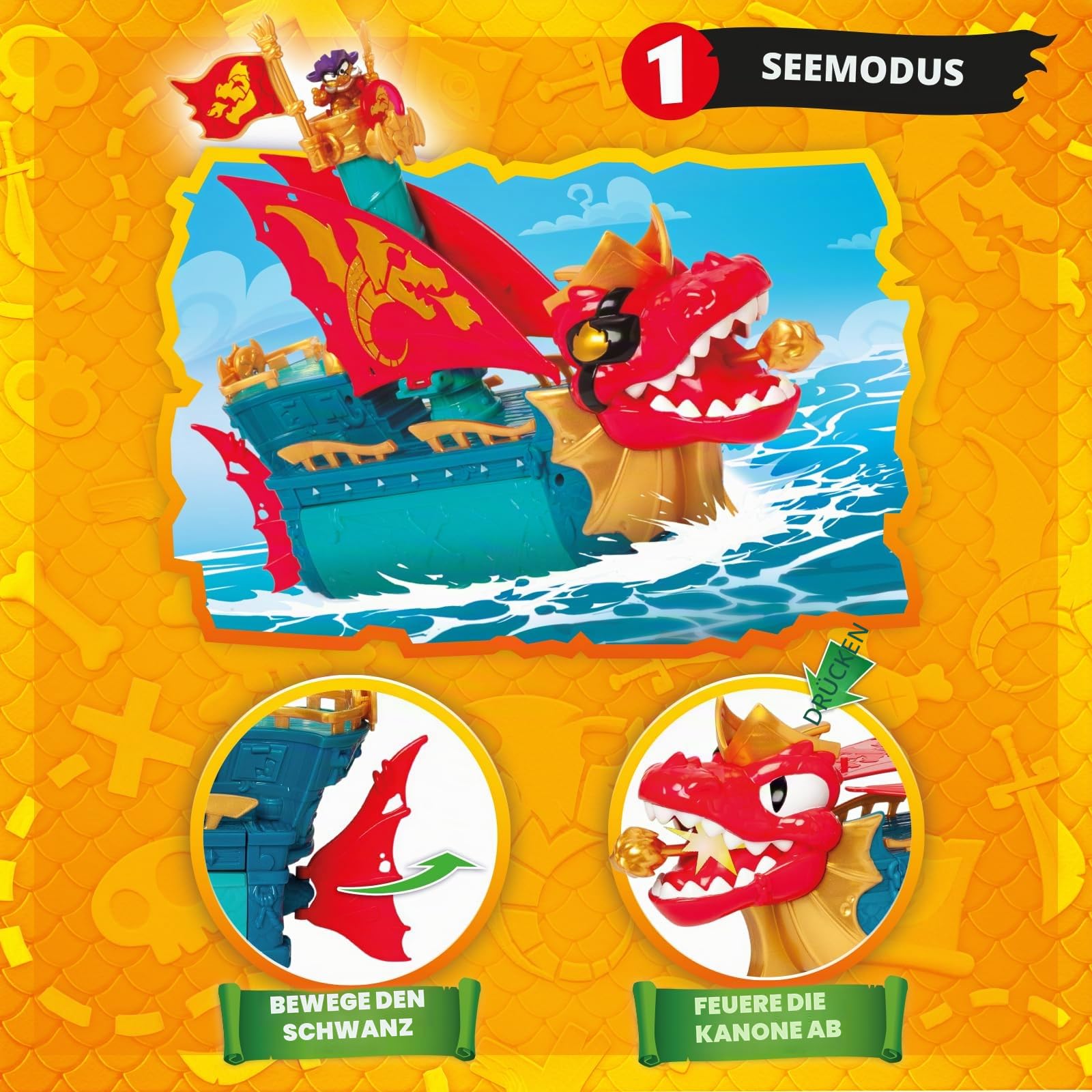 PIRATIX Dragon Ship – Drachenschiff aus Pyratix, 3-in-1: Erde, Meer und Luft. Enthält 1 Drachenschiff, 1 exklusiver Piratix, 1 exklusiver Schatz, 1 Flagge und 1 Projektil