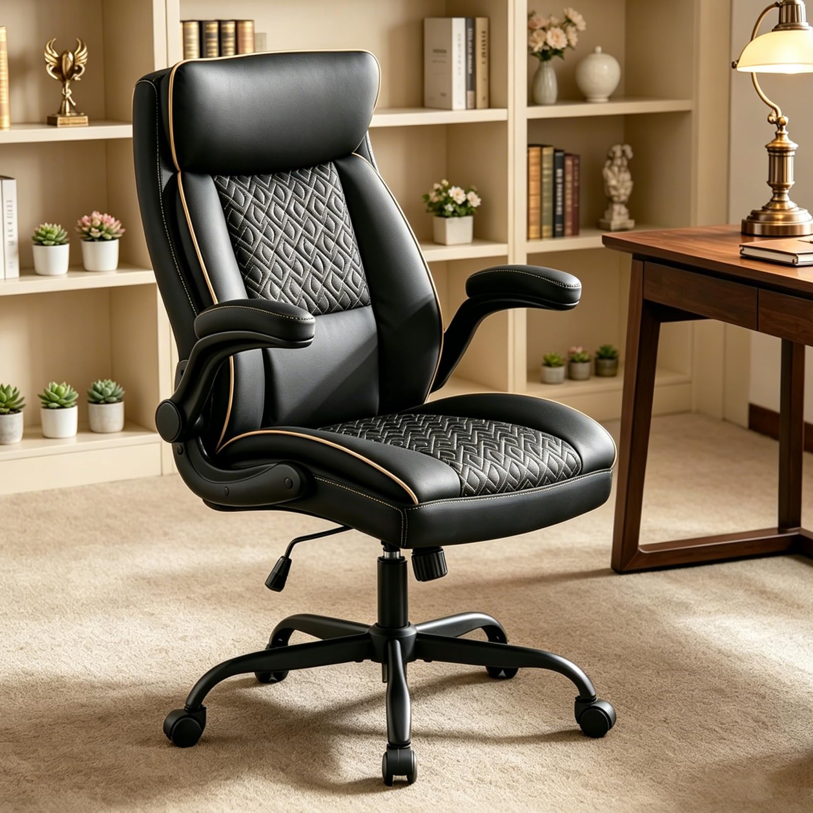 Leather Executive Office Chair, Computer Desk Chair with Lumbar Support, Comfortable Home Office Chairs 400lbs with Padded Flip-up Armrests, Height Adjustable, Tilting Function, Black