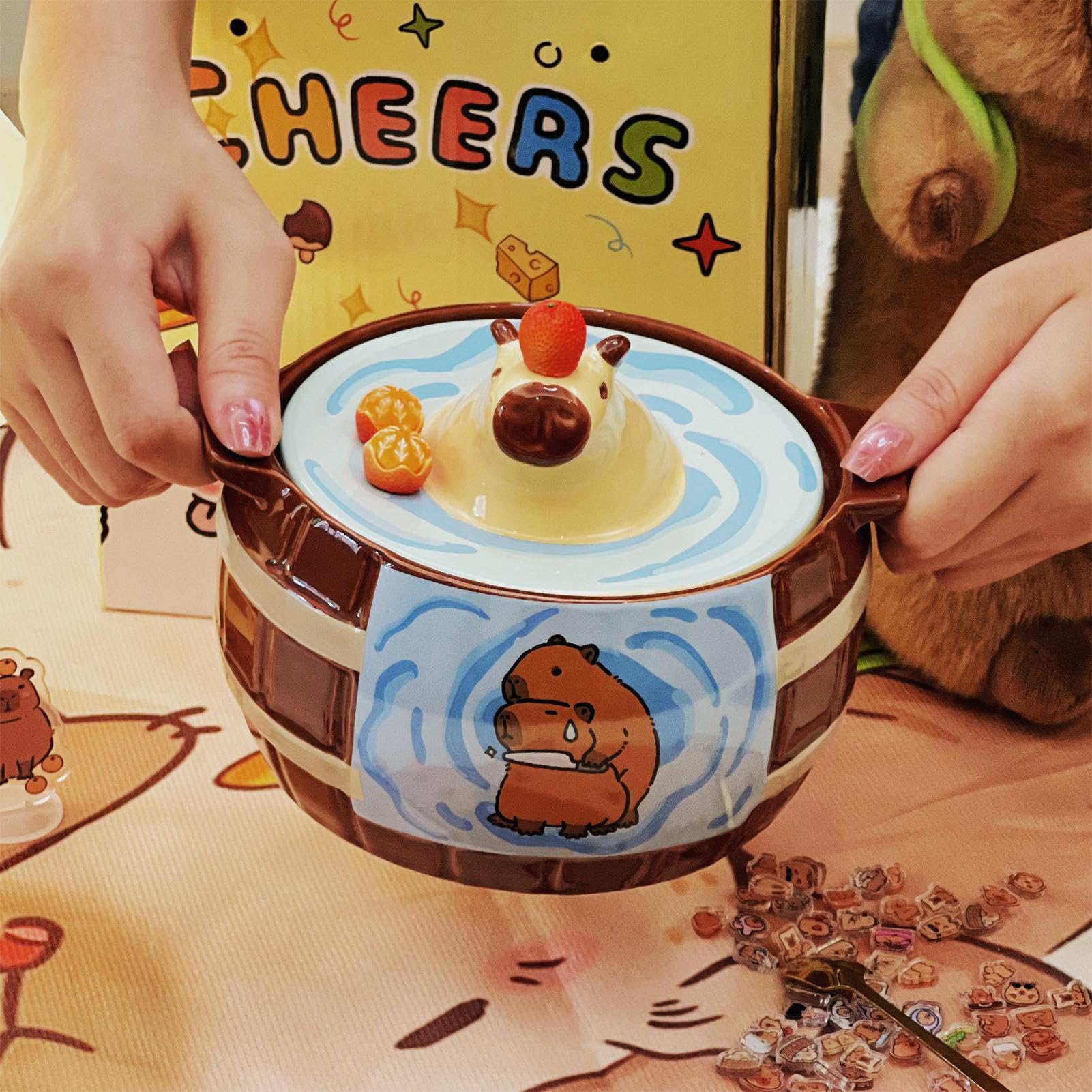 Cuencos grandes de ramen - Cuenco de fideos de cerámica con carpincho de dibujos animados | Tazas De Sopa Con Tapas Tazones De Cereales Para El Desayuno De Gran Capacidad Apto Para Microondas Con Asas