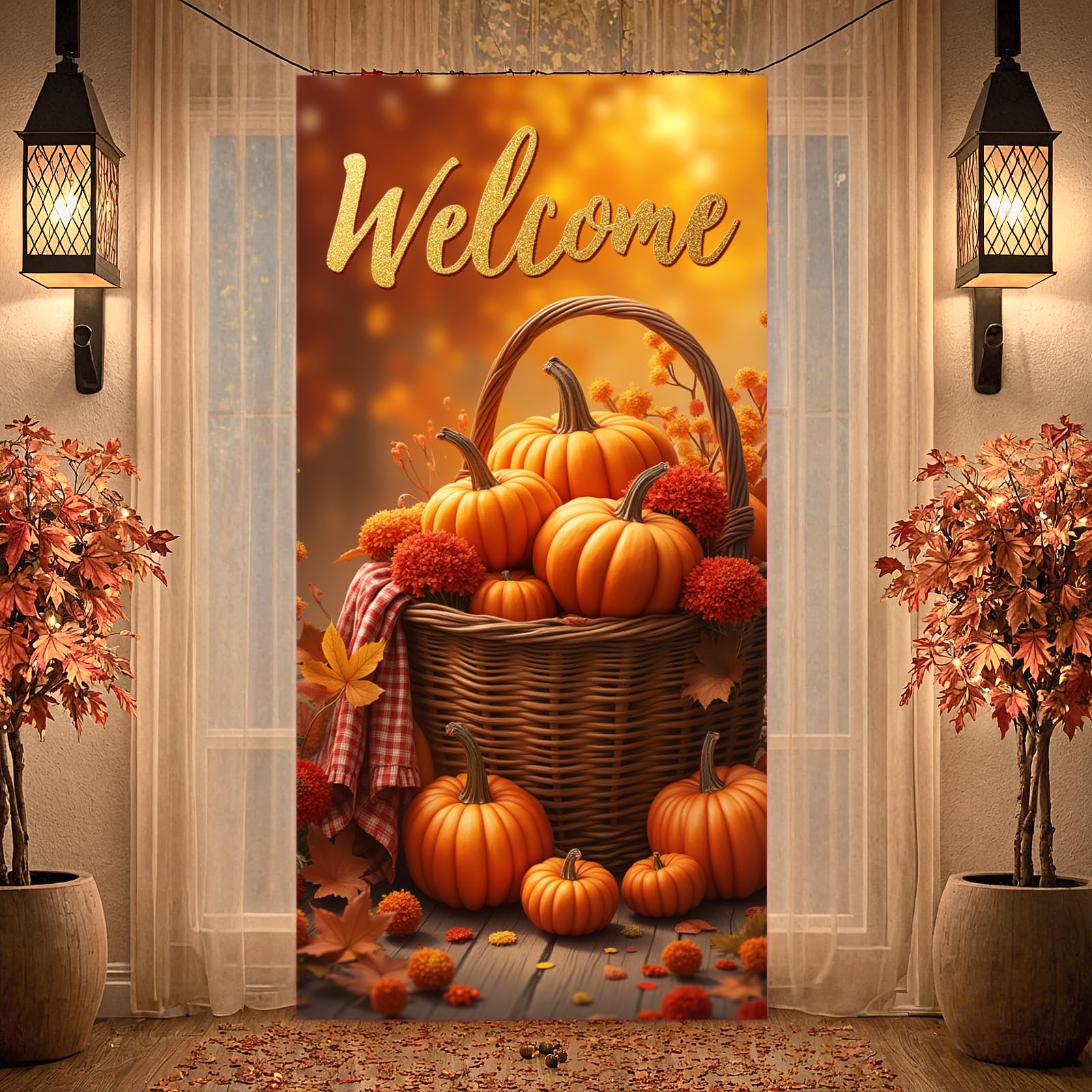 Fall Door Cover, Welcome Autumn Photo Backdrop Happy Fall Door Banner Pumpkin for Farmhouse Autumn Thanksgiving Harvest Festival Decorations and