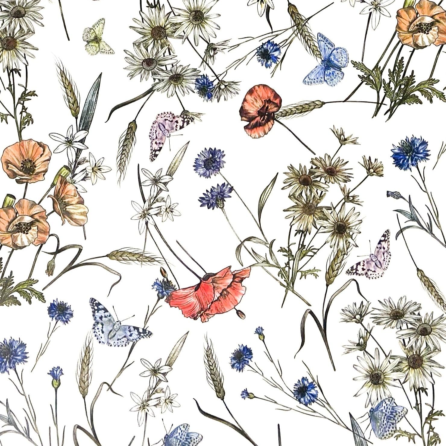 Wachstuch Tischdecke 06394-03 Sommerwiese Mohnblumen Schmetterlinge - Größe und Form frei wählbar + knickfreier Versand + gerollt auf Papphülse