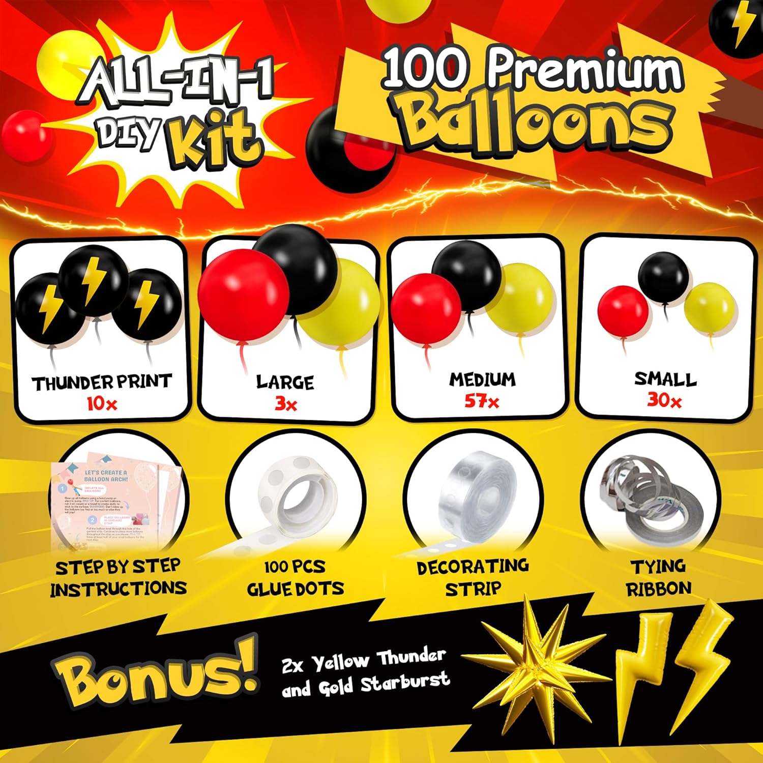 ALL-IN-1 Cartoon Balloon Arch Kit with BONUS Thunder & Starburst Balloons for Poke Birthday Decorations - Red Black Yellow Balloons for Poke Cartoon Birthday Decorations & Video Game Party Supplies