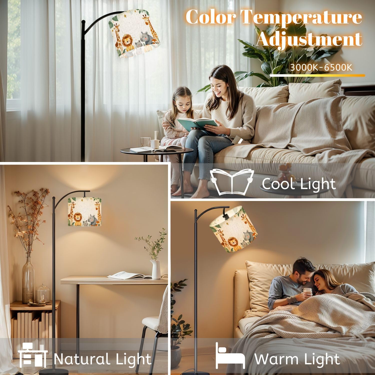 Arc Floor Lamp Animals Watercolor Baby Elephant Lion Zebra Giraffe Dimmable Modern Standing Lamp with Remote Adjustable Drum Shade Footswitch Tall Pole Lamp for Living Room Bedroom