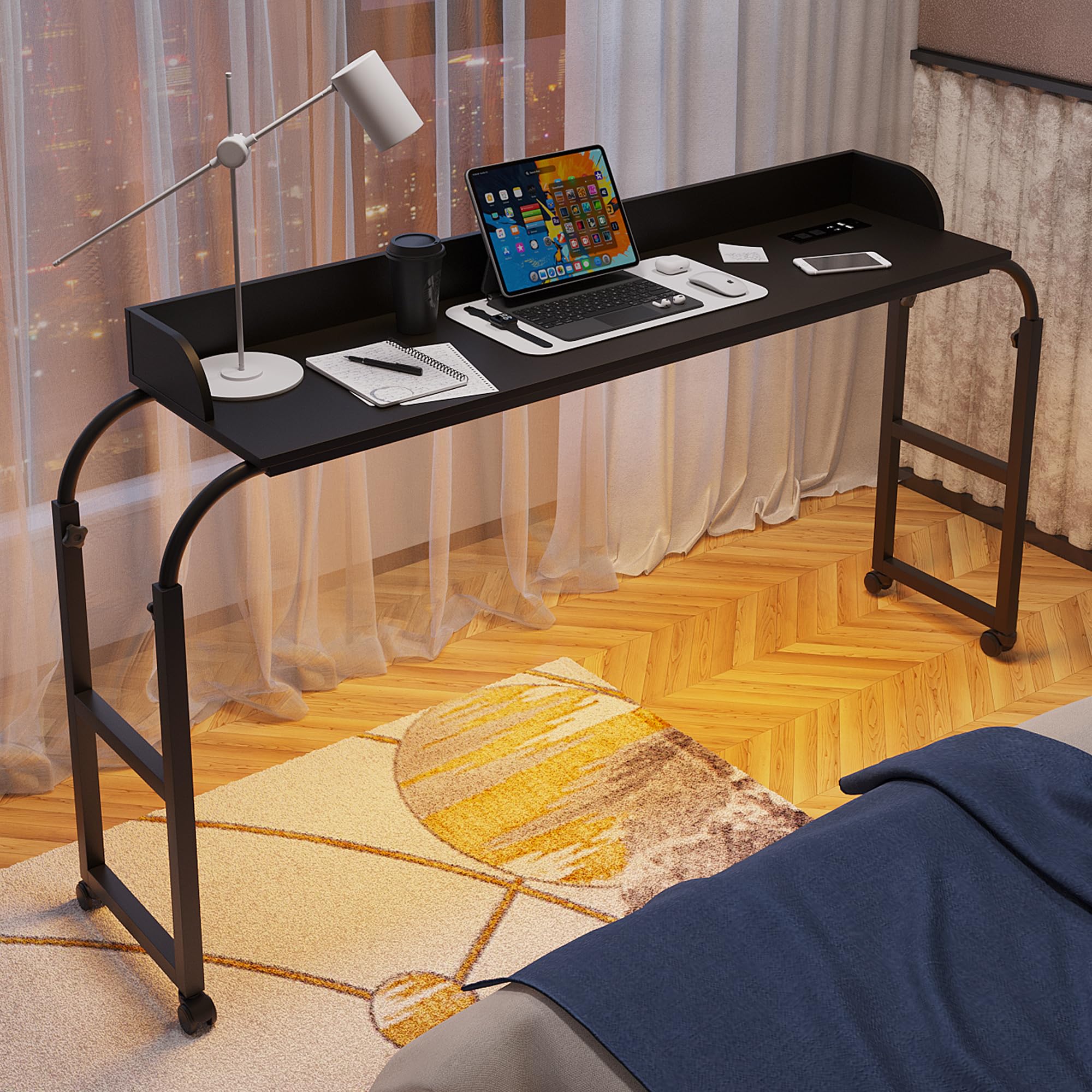 HWB Bed Table with Wheels for King Size, Over Bed Desk with Adjustable Height for Laptop, Overbed Table with Charging Station & LED Lights, Rolling Tables with AC Outlets, Black