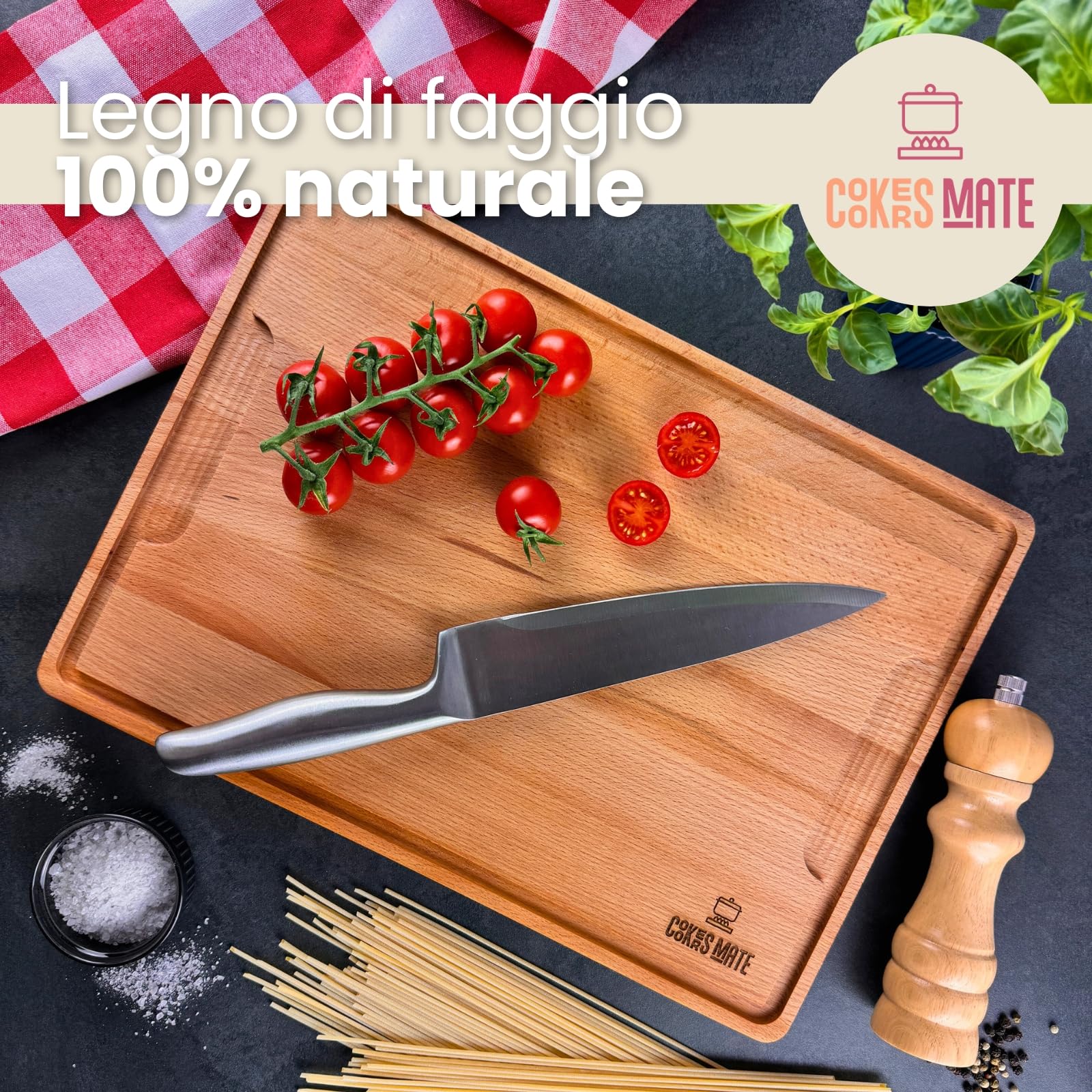 COOKERS MATE tagliere legno grande, tagliere cucina, cutting board, chopping board, reversibile con scanalatura, dimensioni XL 40x28cm, igienico e resistente. taglieri legno professionali