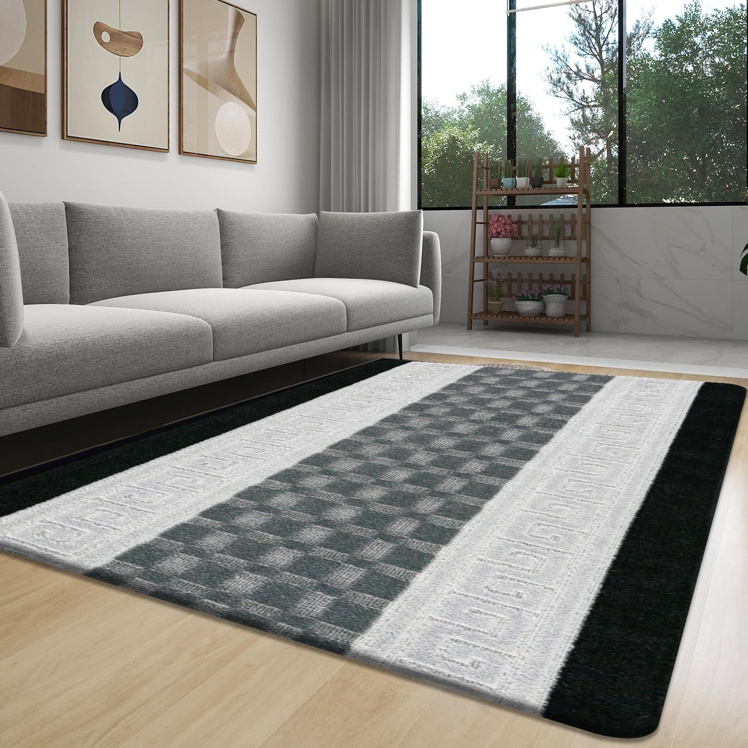 PHP Rugs for Living Room with Large Heavy Duty, Non-Slip and Washable, Geometric Kitchen and Bedroom Gel Back Rug Non-Shed Low Pile Hallway Accessories |120 x 150 cm -Black Grey — image 1