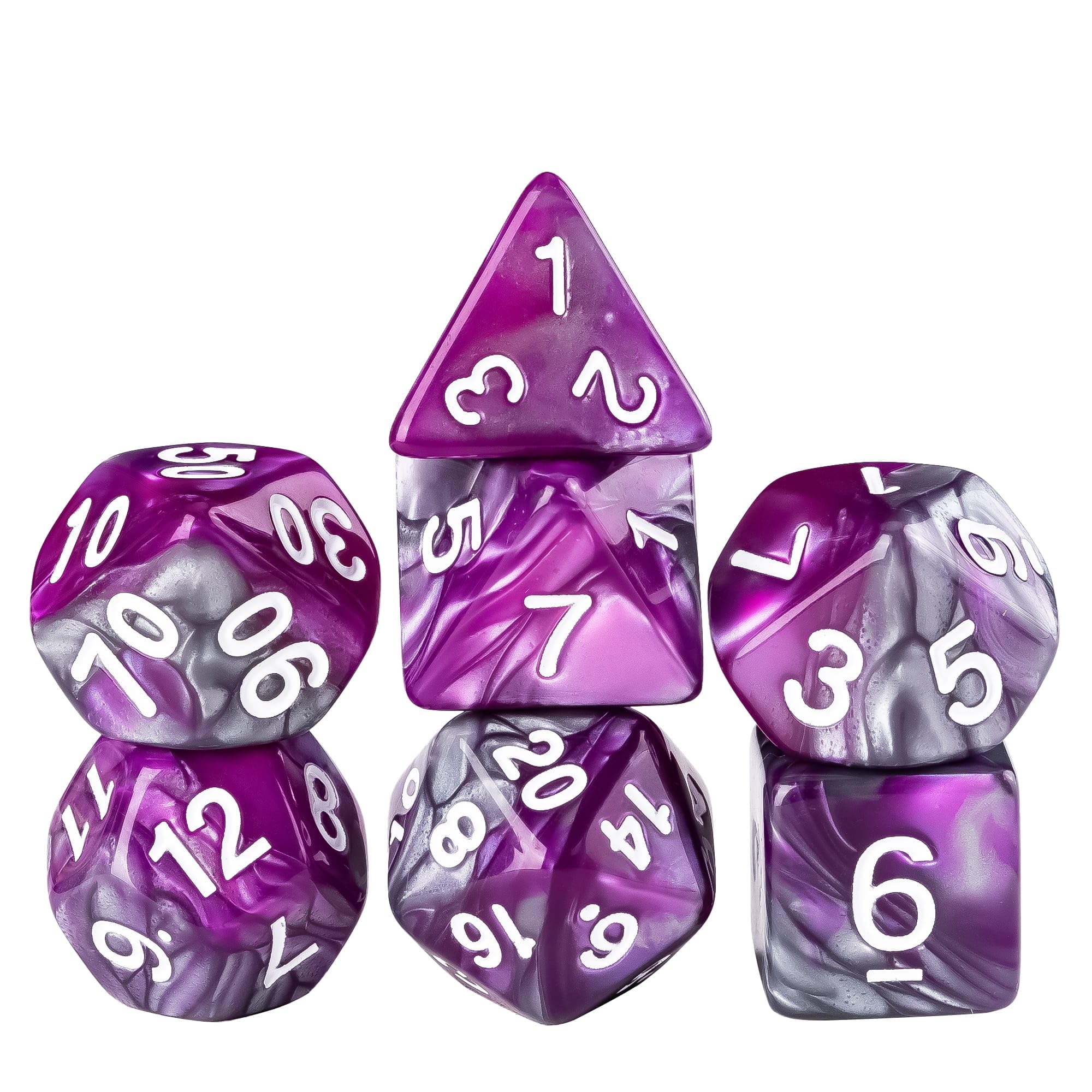 Cusdie 7Pcs/Set DND Dice Set D&D Polyhedral Dice for Dungeons and Dragons TTRPG Role Playing Dice Games RPGs (Purple Mixed Silver)