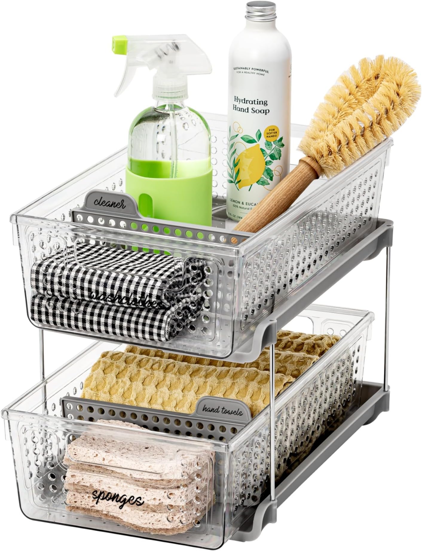 2-Tier Organizer Multi-Purpose Slide-Out Storage with Handles and Dividers for Home and Bath, BPA Free, Pack of 1, Clear