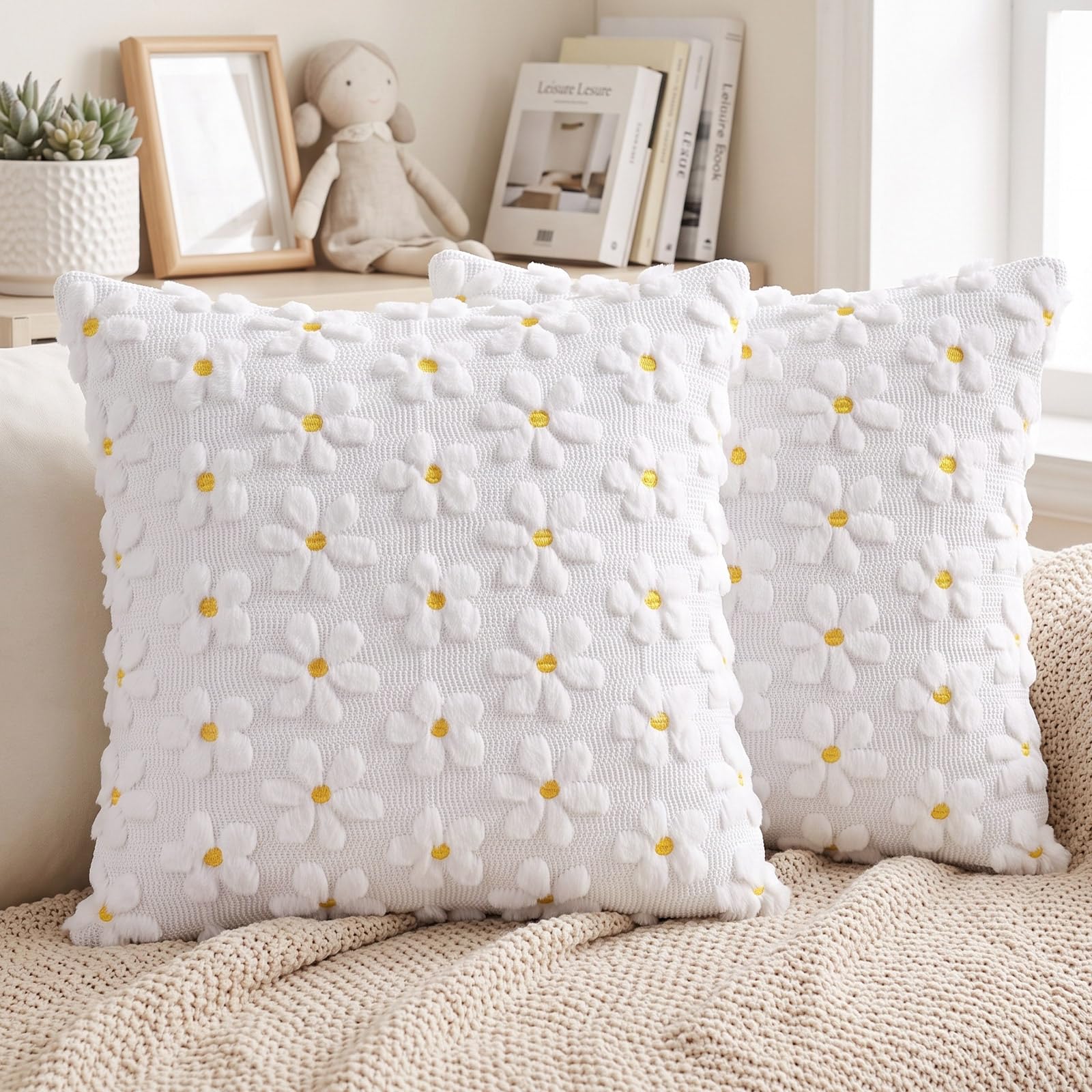 Vijamiy Cushion Covers 45x45cm Set of 2 Small White Flower with Stem White