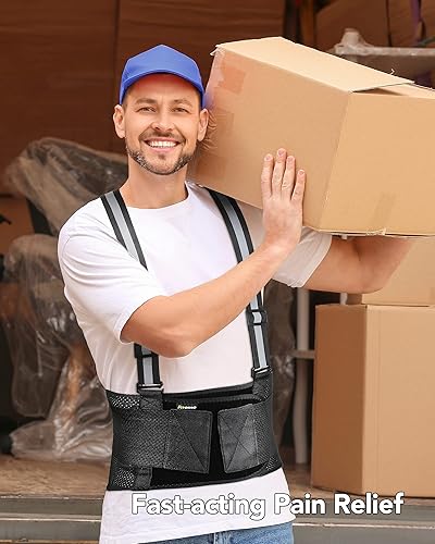 Miniatura 4 de Soporte de espalda para levantamiento pesado para hombres y mujeres, espalda baja con cinturón reflectante y 7 férulas, tela de malla ultrafina,