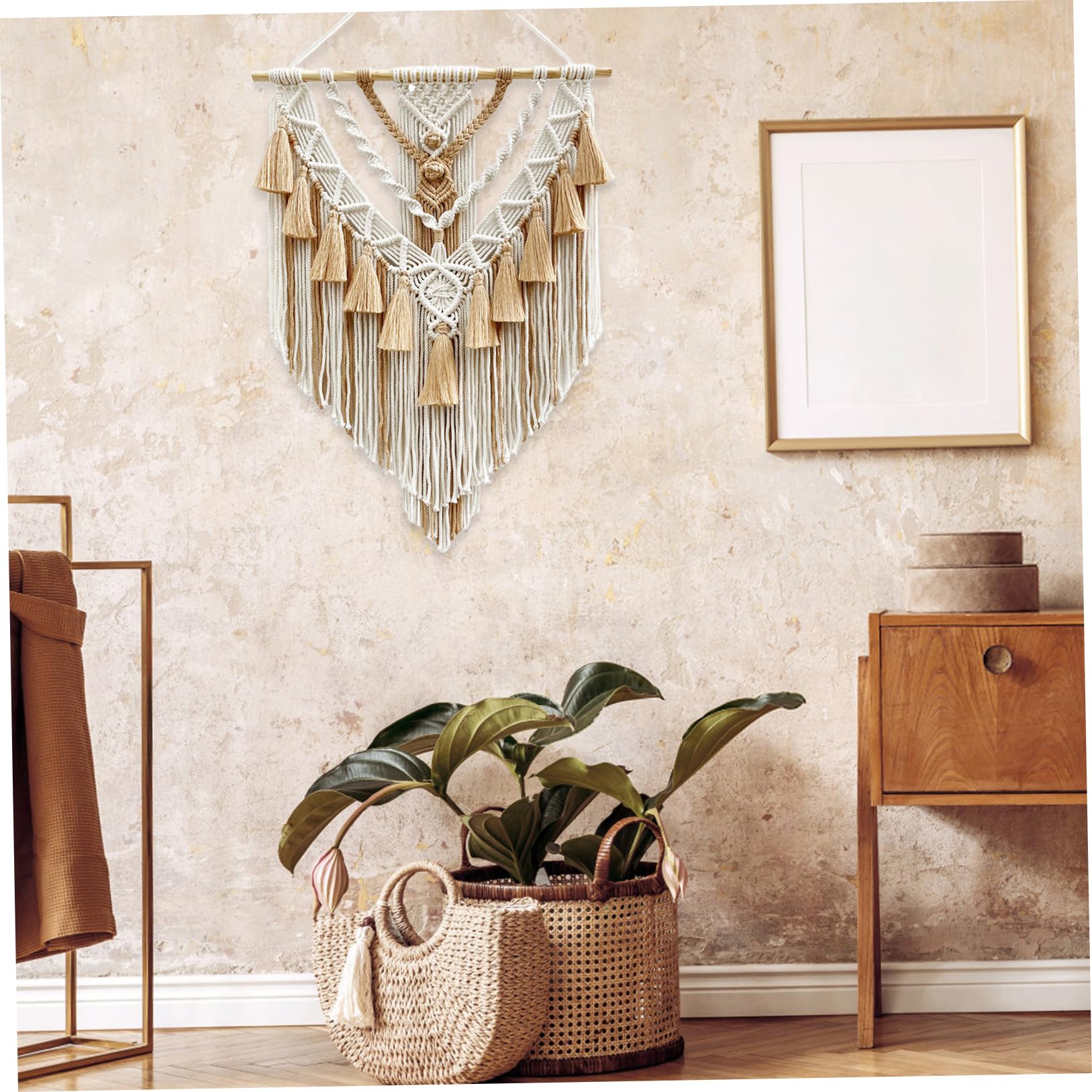 Macrame Wandbehang Natürlicher Baumwollfaden Macrame Wanddekoration mit Quaste Rustikal Webteppich Wandkunst für Schlafzimmer Wohnzimmer Wohnung Kinderzimmer Khaki 21,7x29,5 Zoll