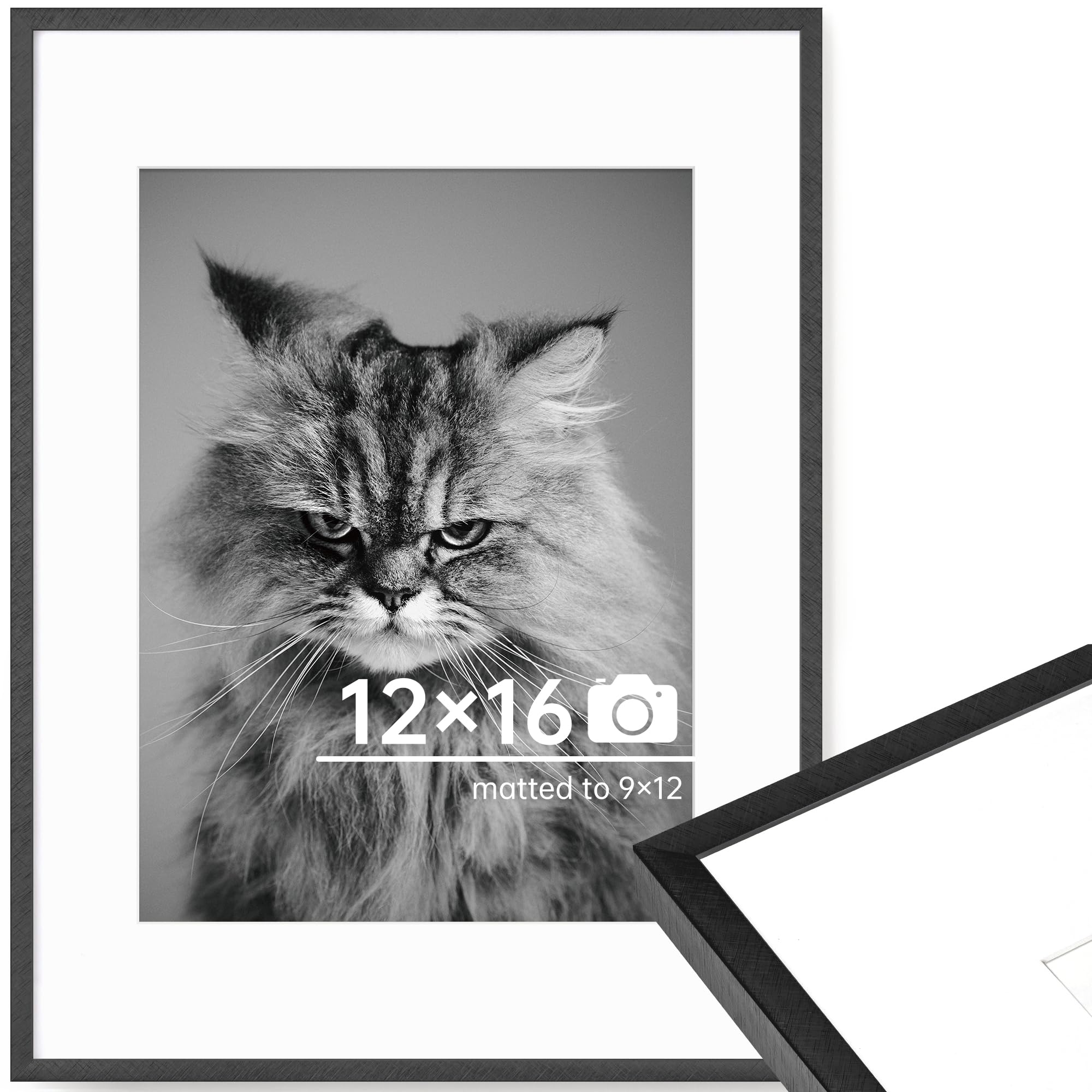 Photo 1 of 12x16 Metal Picture Frame, Thin Aluminum 12 x 16 Photo Frame with 9x12 Mat, Cross-Hatch Brushed Design, High Definition Plexiglass, Vertical and Horizontal Display, Wall Hook Hanging Hardware Included, Black