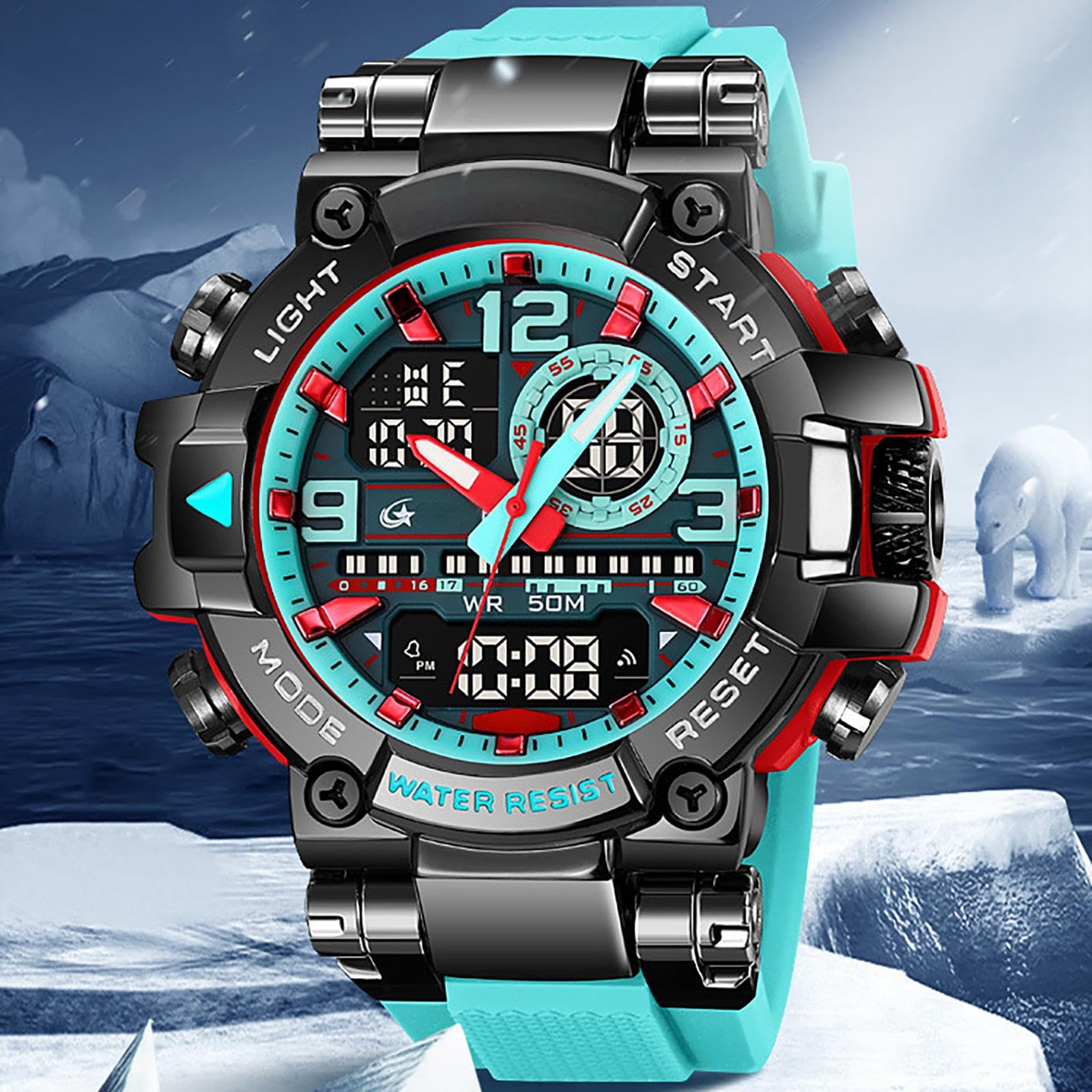 findtime Grande montre numérique de sport pour homme, étanche, robuste, pour homme, garçon, adolescent, montre de sport LED, alarme, double fuseau horaire