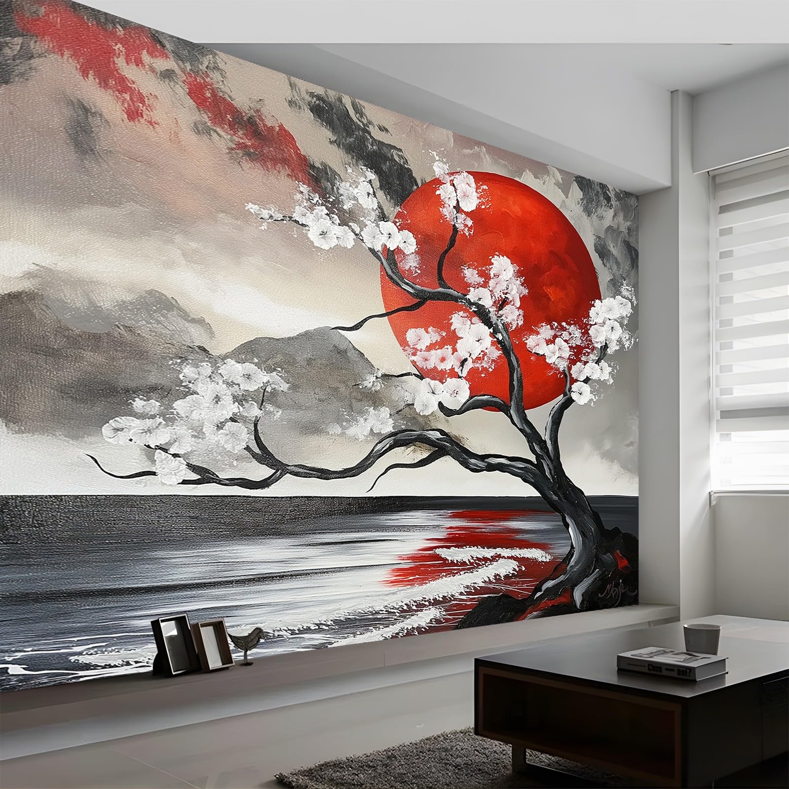 Tapeta 300 x 210 cm, tapeta z włókniny, japońskie drzewo wiśni, dekoracja, wodoszczelna, folia ochronna na ścianę, do sypialni, salonu, folia meblowa, tapeta ścienna, kolorowa, wraz z poradnikiem