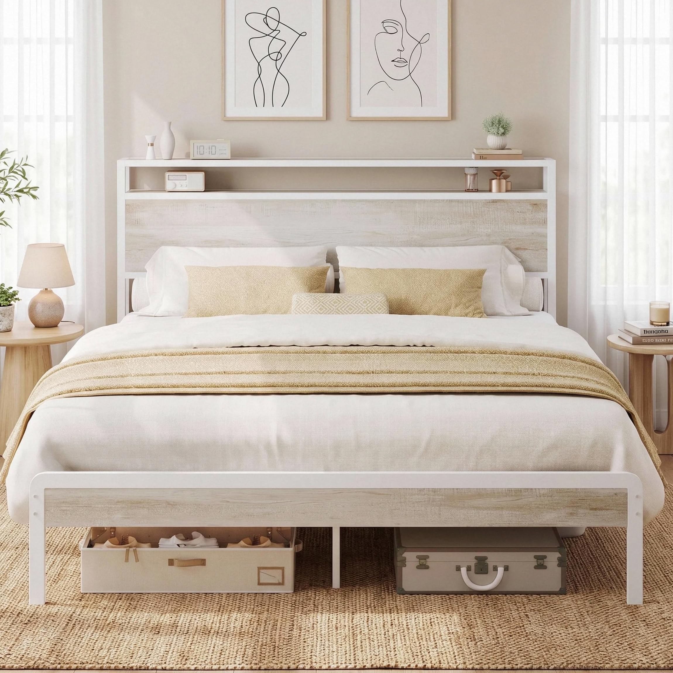 LIKIMIO Full Size Bed Frame with 2-Tier Storage Shelf Headboard