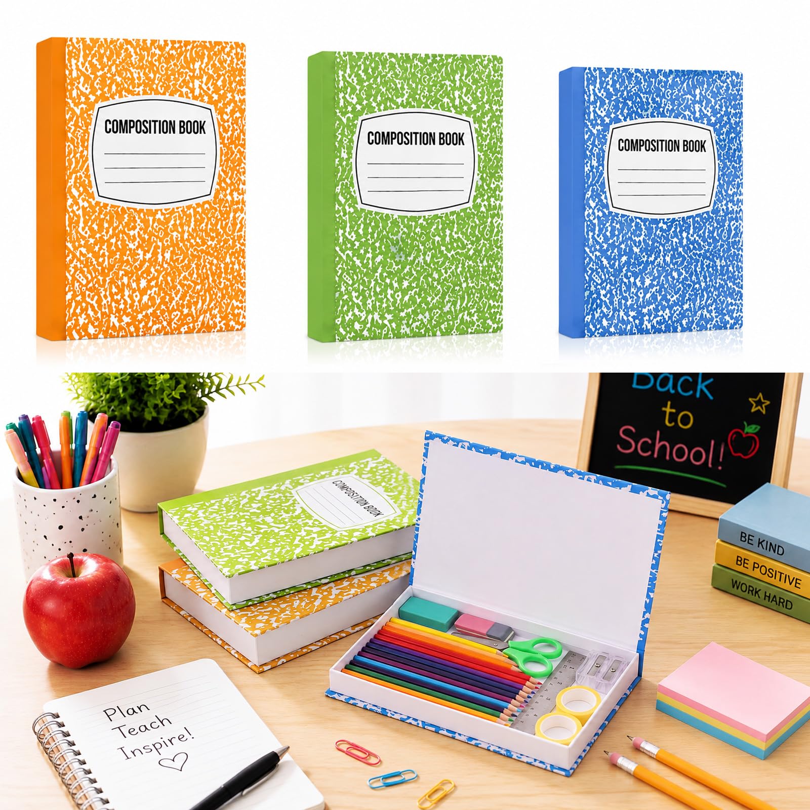 Spiareal 3 Pcs Composition Notebook Back to School Decorations, Vibrant | Faux Book Storage Boxes Set with Magnetic Lids, Aesthetic Marble Classroom Decor for Teachers Office Desk, Bookshelf