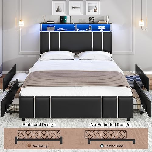 Miniatura 4 de AOGLLATI Base de cama de tamaño matrimonial con cabecera y columna, moderno marco de cama matrimonial tapizado con estación de carga, marco de cama