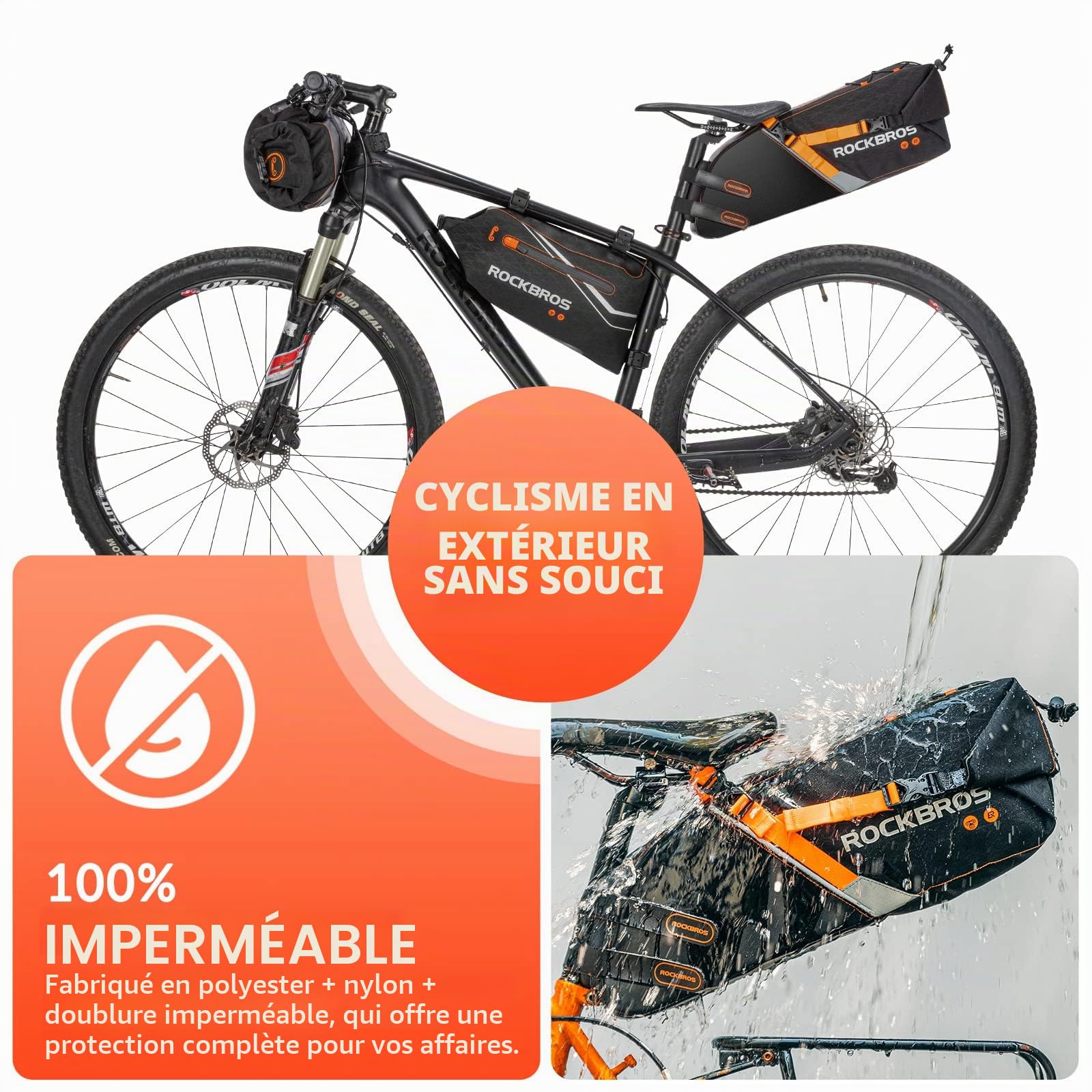 ROCKBROS Set de Sacoche de Vélo : Sacoche de Cadre + Sacoche de Guidon + Sacoche de Selle, Bikepacking 2L + 3,5L + 10L Grande Capacité Étanche, Noir Orange