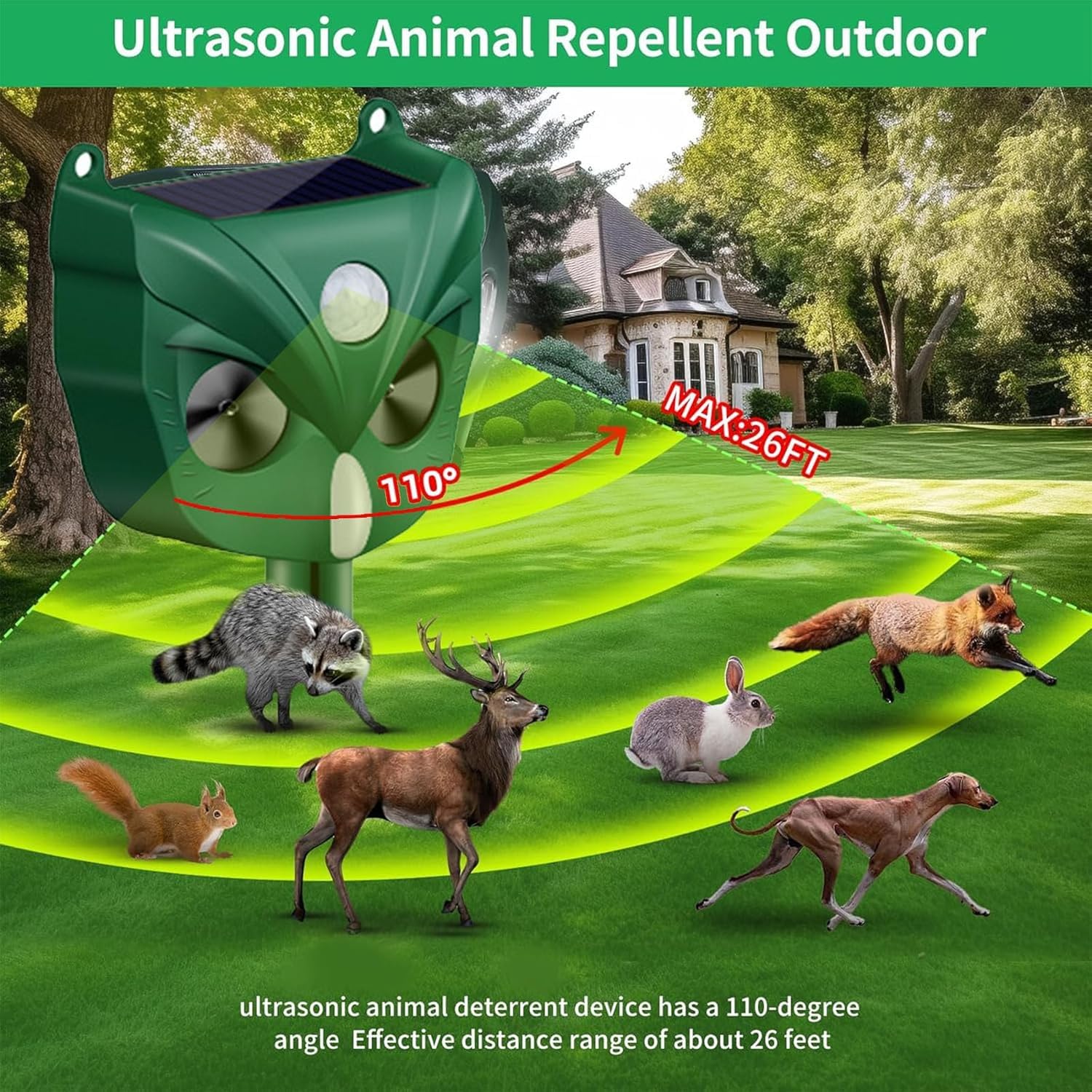 Repelente de gatos, repelente ultrasónico de animales, 5 modos, solar y recargable, disuasorio de animales para ciervos, perros, conejos, zorrillos, pájaros, para jardín al aire libre (RC546)
