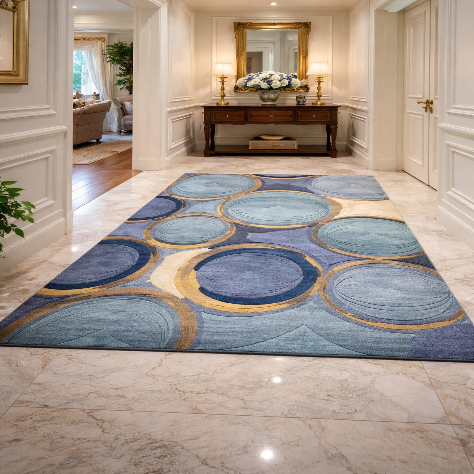 Tapis de décoration abstrait bleu et jaune 170x200 cm pour grand salon et salle à manger moderne