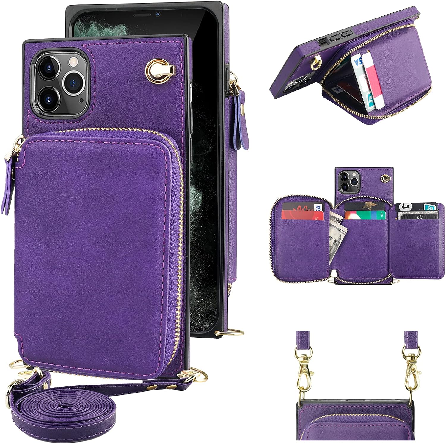 KIHUWEY iPhone 11 Pro Max Crossbody Wallet Case PU Leather Wallet Case with Credit Card Holder Wrist Strap Kickstand Protective Lanyard Purse Cover Case for iPhone 11 Pro Max 6.5 Inch (Purple)