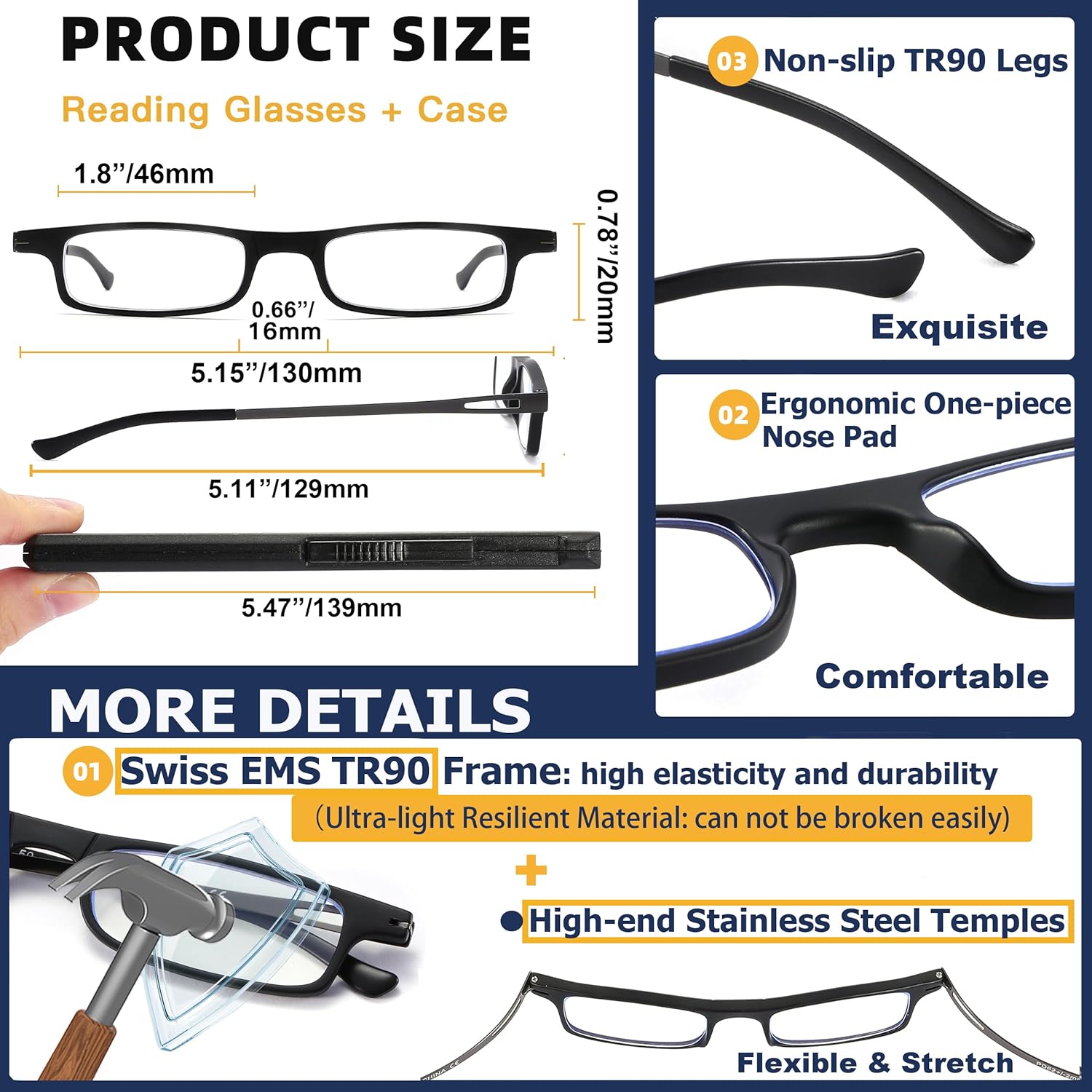 Compact Folding Reading Glasses Anti Blue Light UV, Ultra-thin Slim TR90 Readers with Portable Flat Case for Men Women