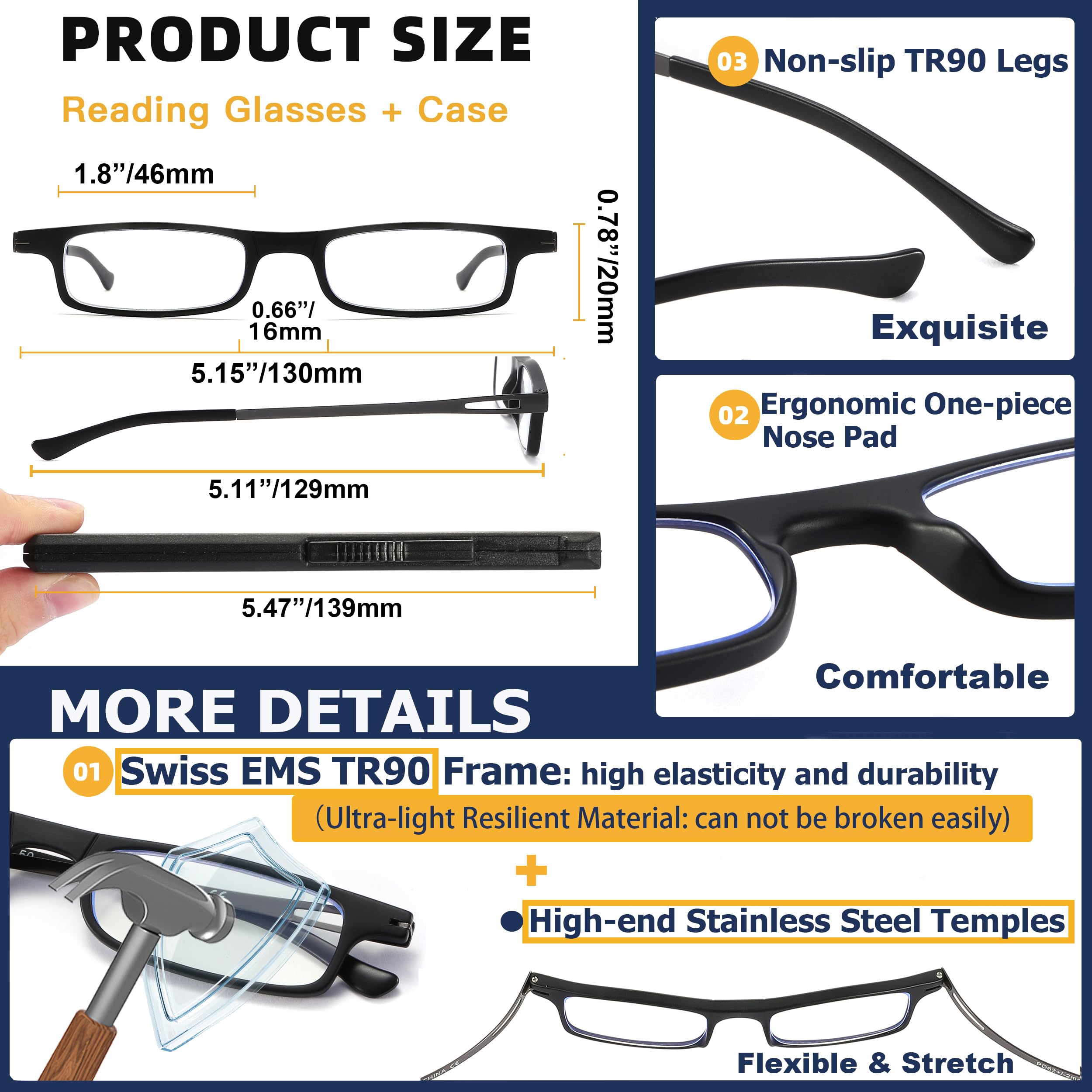 Lesebrille, faltbar, ultradünn, Anti-Blau, kompakte Lesebrille, TR90, leicht, mit flachem Etui, für Männer und Frauen, 2 Stück