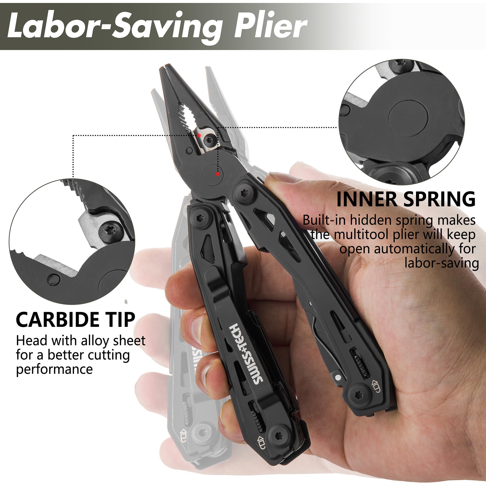 Swiss+Tech Alicate Multiherramienta 16 en 1, Negro | Herramienta Multifuncional de Acero Inoxidable con Sierra, Destornillador, Lima y Navaja Multiusos para Camping y Senderismo