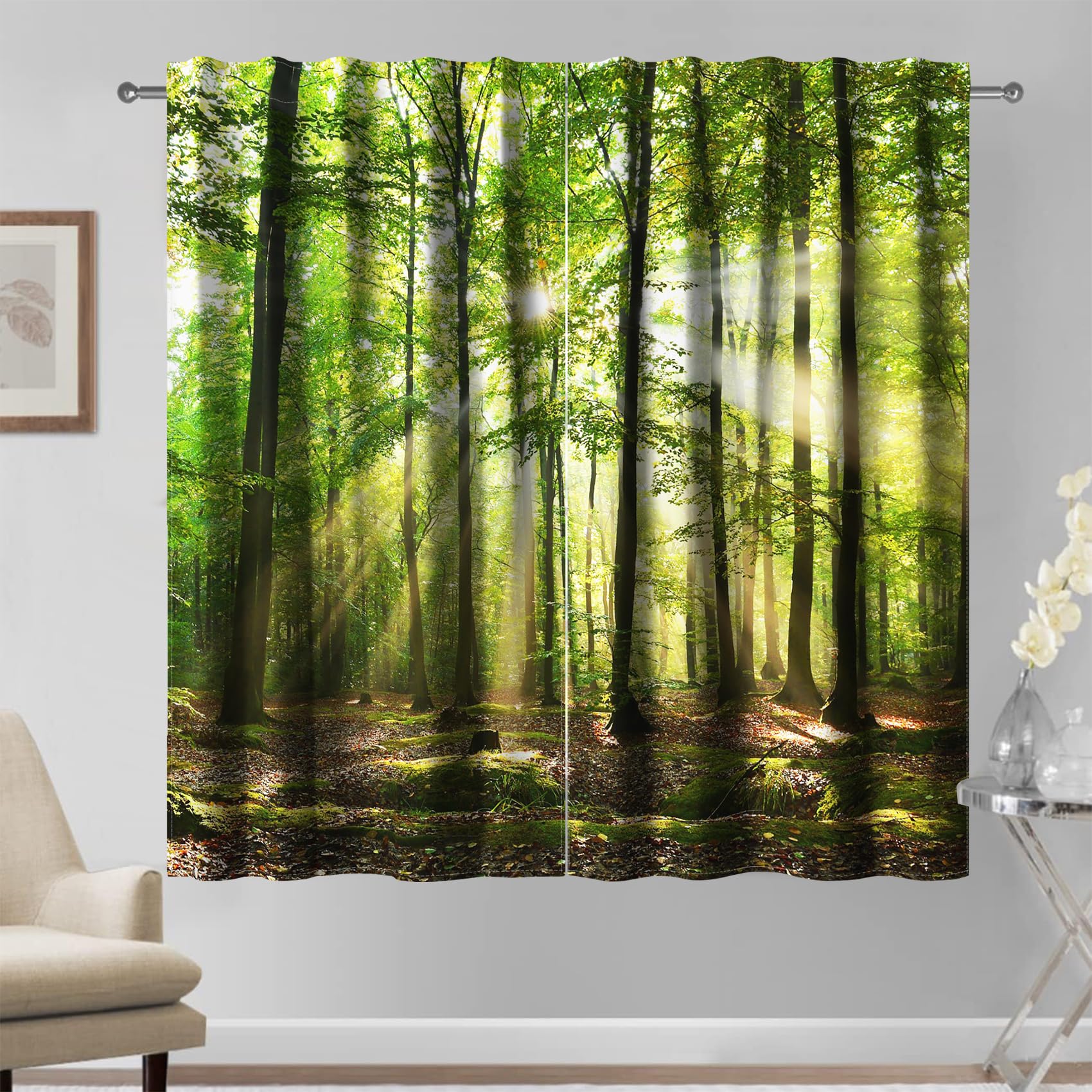 Kzzfqxb 135x229cm Forest Curtains Set of 2 Panels, Natural Landscape Green Jungle Forest Sunlight Trees Fallen Leaves Window Drapes for Living Room Bedroom, Light Insulated Fresh Relax โ image 1