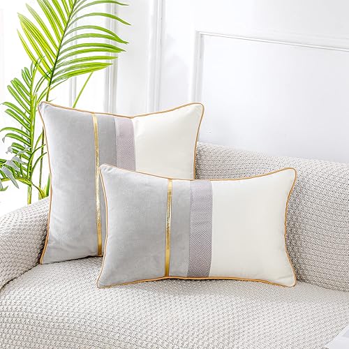 Miniatura 2 de PANOD Funda de almohada de terciopelo similar a la seda gris claro con funda de cojín de cuero a rayas doradas, funda de almohada cuadrada de lujo