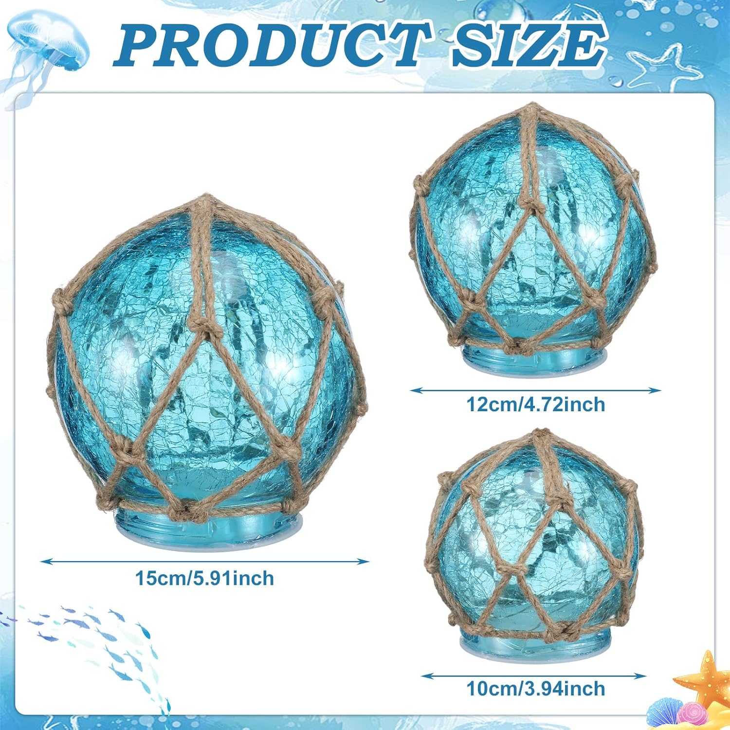 3 Pack Glass Fishing Float Nautical Lamp Coastal Beach Decor Nautical LED Light up Glass Buoy for Coastal Beach Decor(Blue Color)