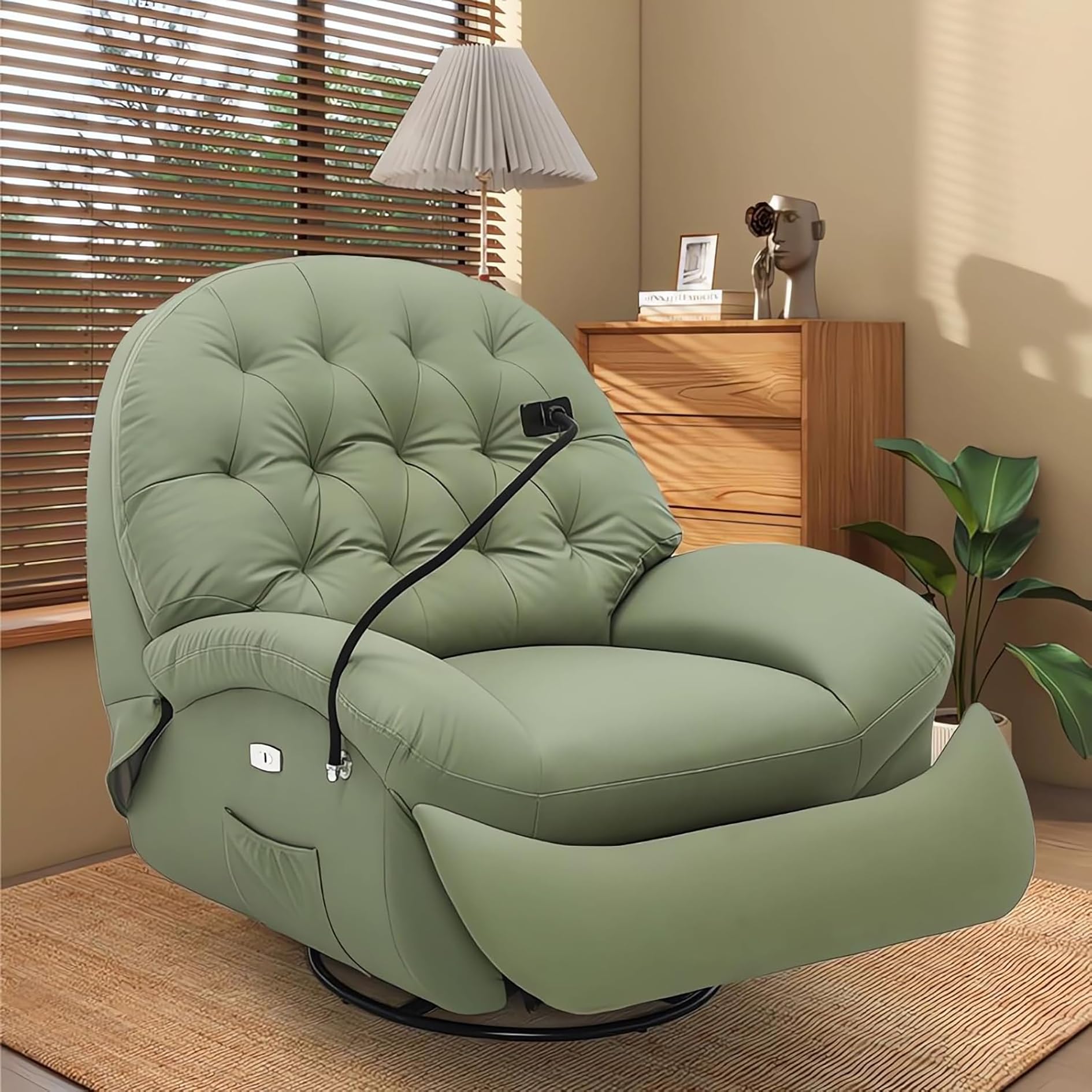 WENBO HOME Standard Recliner | Single Recliner Sofa | 360° Rotation | 30° Recline Swing | Premium Leather | Lazy Sofa Chair | Sofa Couch Bed (Electric Type-Light Green)