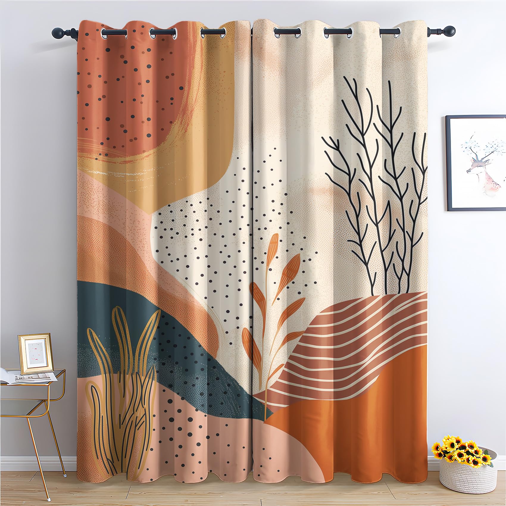 Rideaux Occultant Abstrait Boho, Rideau Isolant Thermique pour Salon Chambre, Rideaux Motif Vintage, Lot de 2 Rideaux Opaque à Oeillets 117x137cm LxH Q-E&6-322