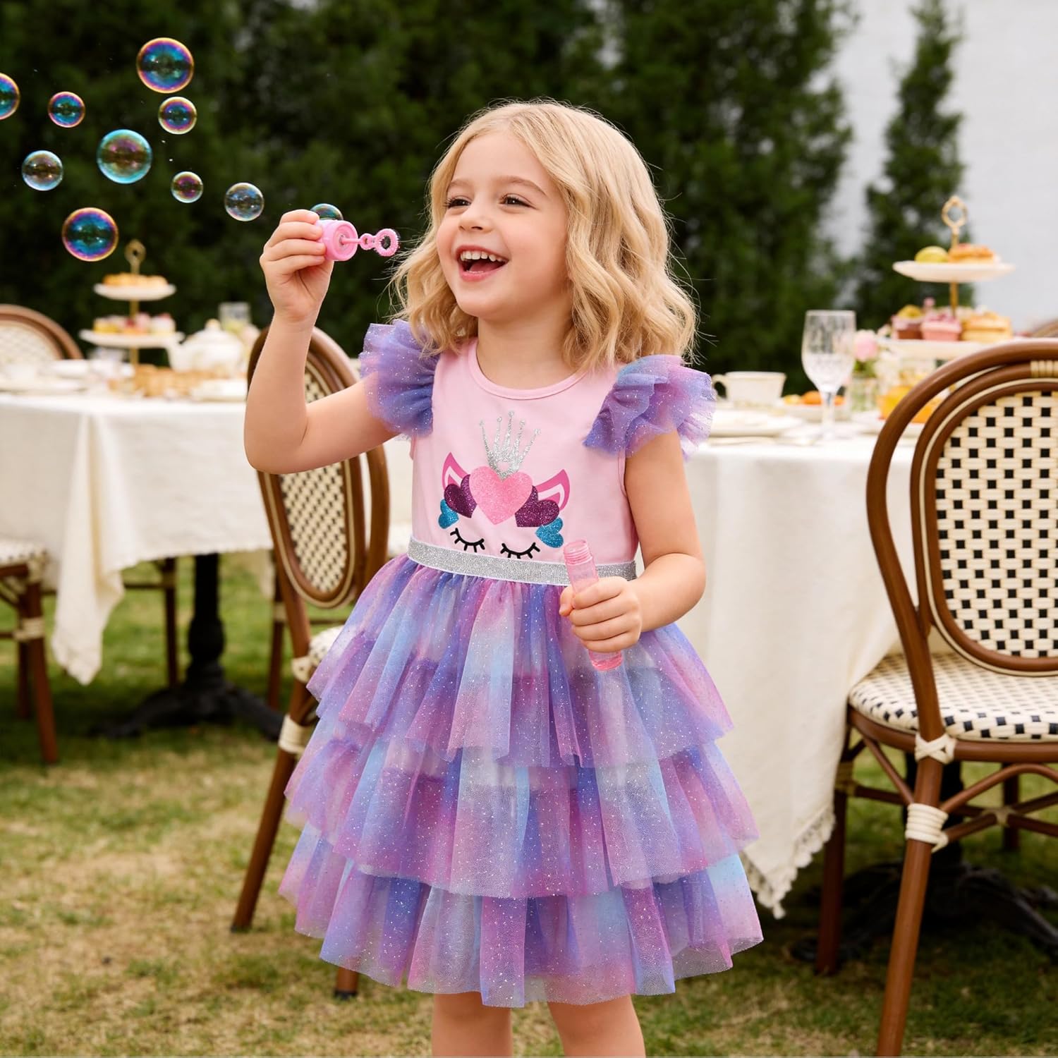 DXTON Toddler Girls Tutu Dress: Cotton Bodice Layered Tulle Skirt, Mermaid Sparkle Birthday Party Dress for Kids 3–8 Years - Image 4