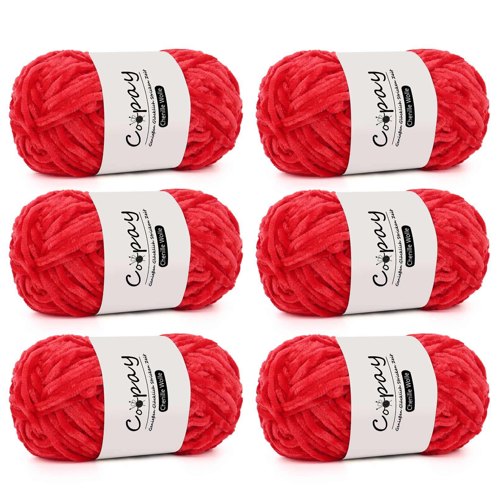 Coopay Chenille Wolle zum Häkeln, 6x100g Weiche Samtig Chenillegarn, Flauschige Dicke Wolle zum Stricken, Warme Plüschwolle Häkelgarn für Decken, Schals, Mützen