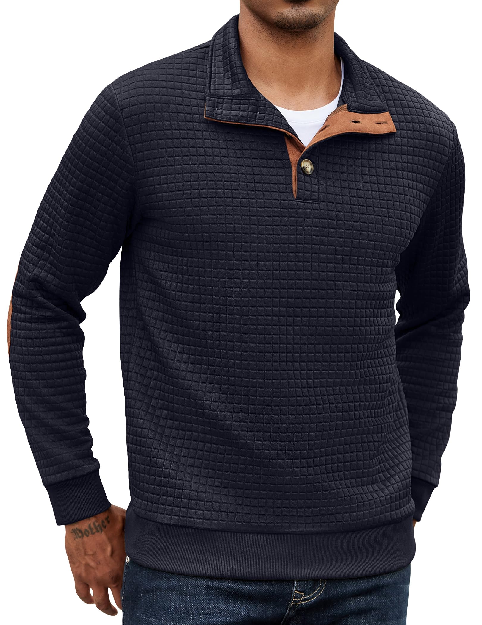 COOFANDY Sweatshirts für Herren Winter Pullover Waffel Sweastshrits mit Kragen Knopf Sweatshirt ohne Kapuze Herrenpullover Langarm