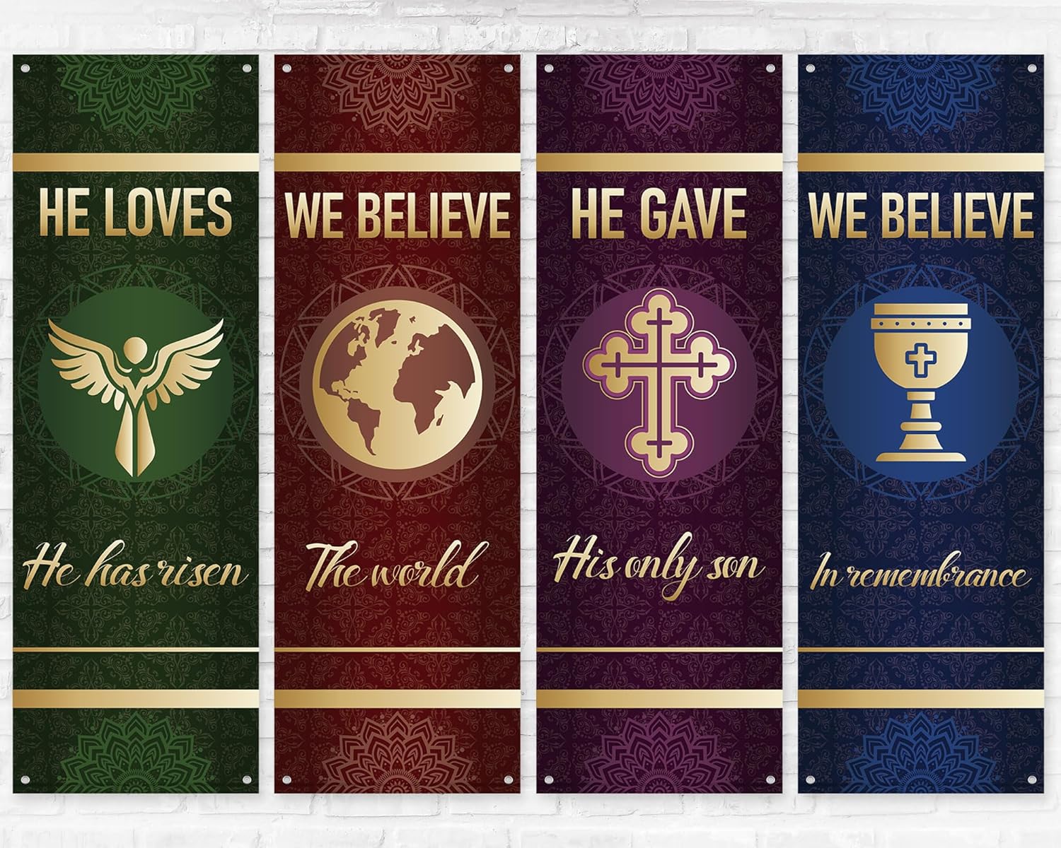 4Pcs Church Banners for Sanctuary Wall Welcome Inspirational Religious Banners Hanging Backdrop Worship Classical Christian Banner with Scripture Bible Verses Exquisite Banner for Holiday School Decor