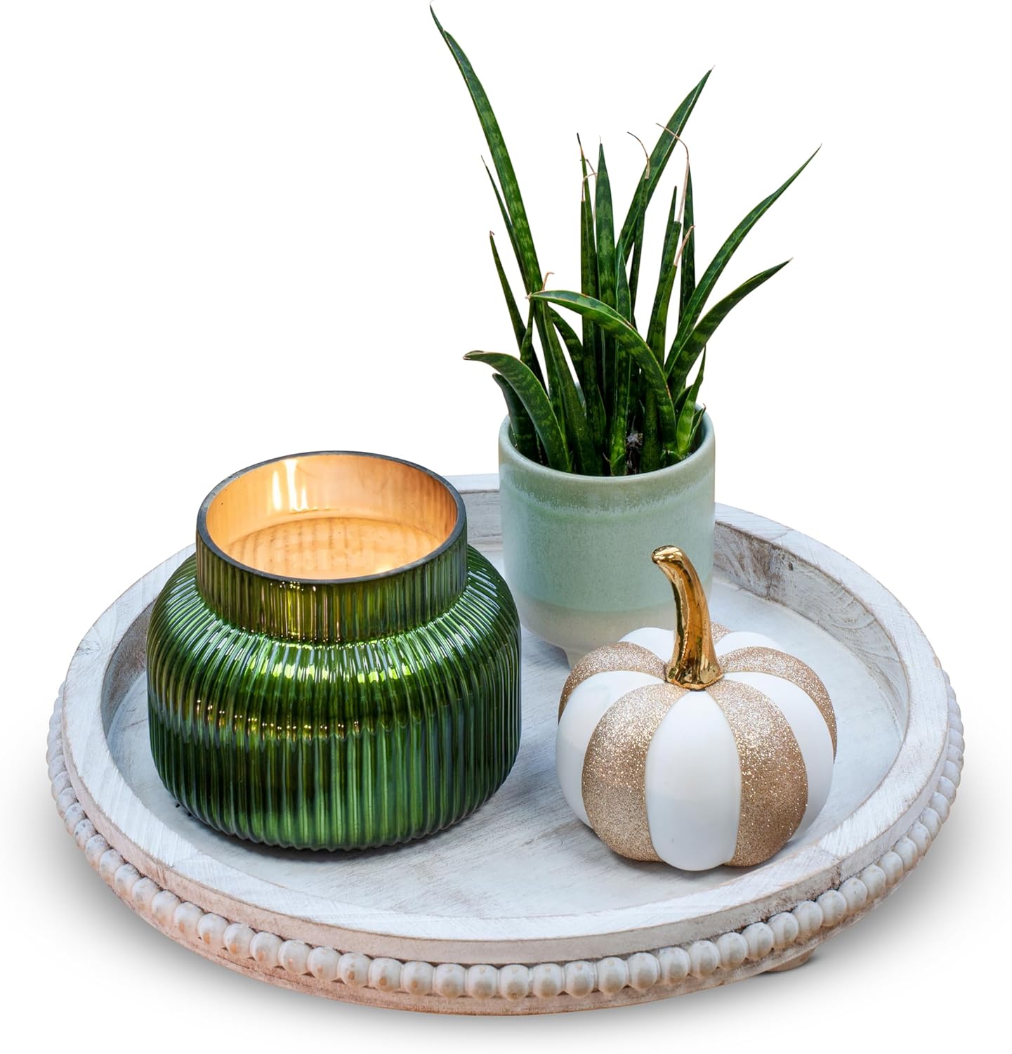 Round Wood Tray for Centerpiece Table Decoration, Rustic Beaded Wooden Tray Decor for Dining, Kitchen Counter, Living Room and Coffee Table Tray Decor