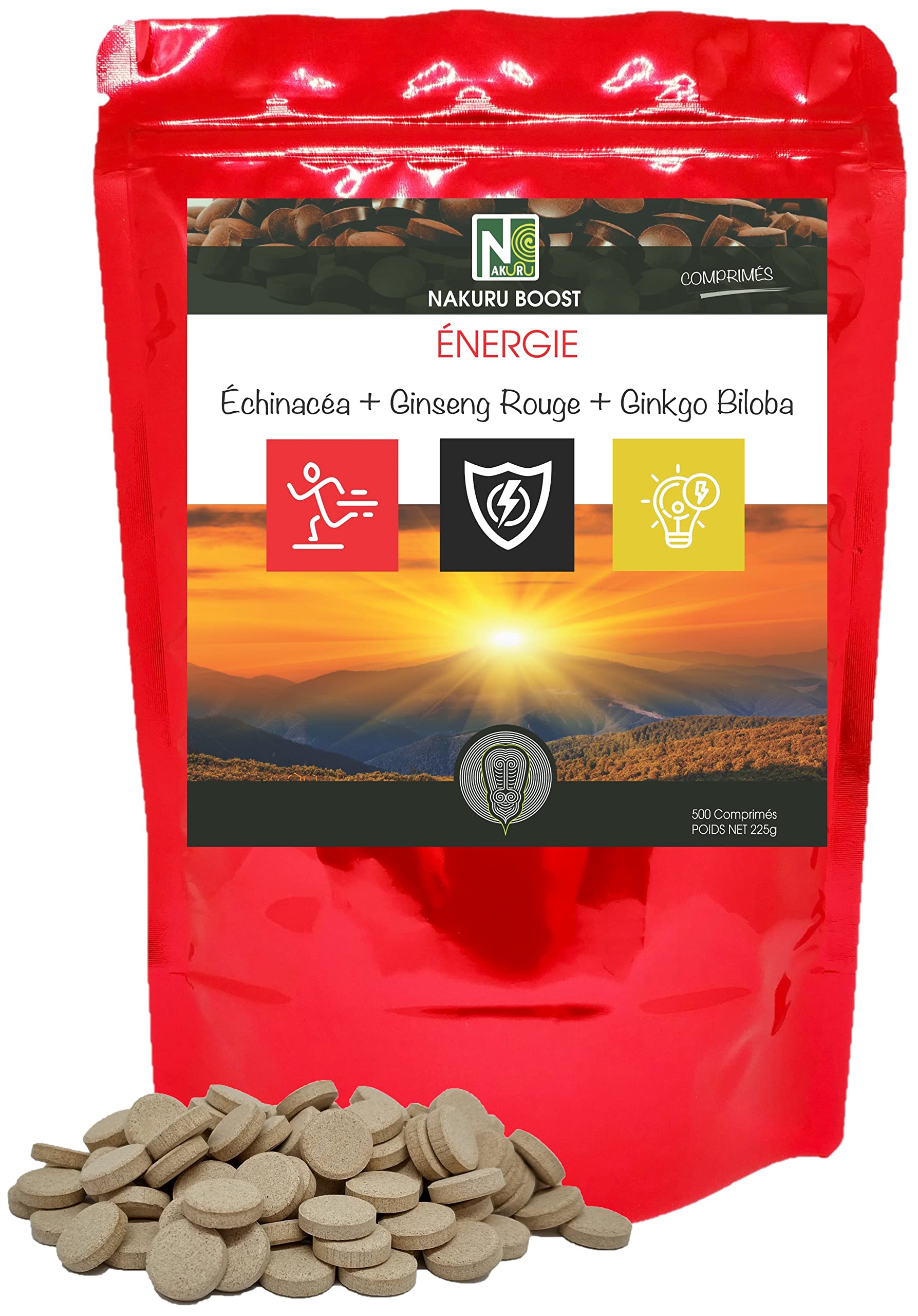 NAKURU | Énergie = Échinacéa + Ginseng Rouge + Ginkgo Biloba/Gamme Boost/Fabriqué en France (500 Comprimés de 450mg / Poids Net: 225g)