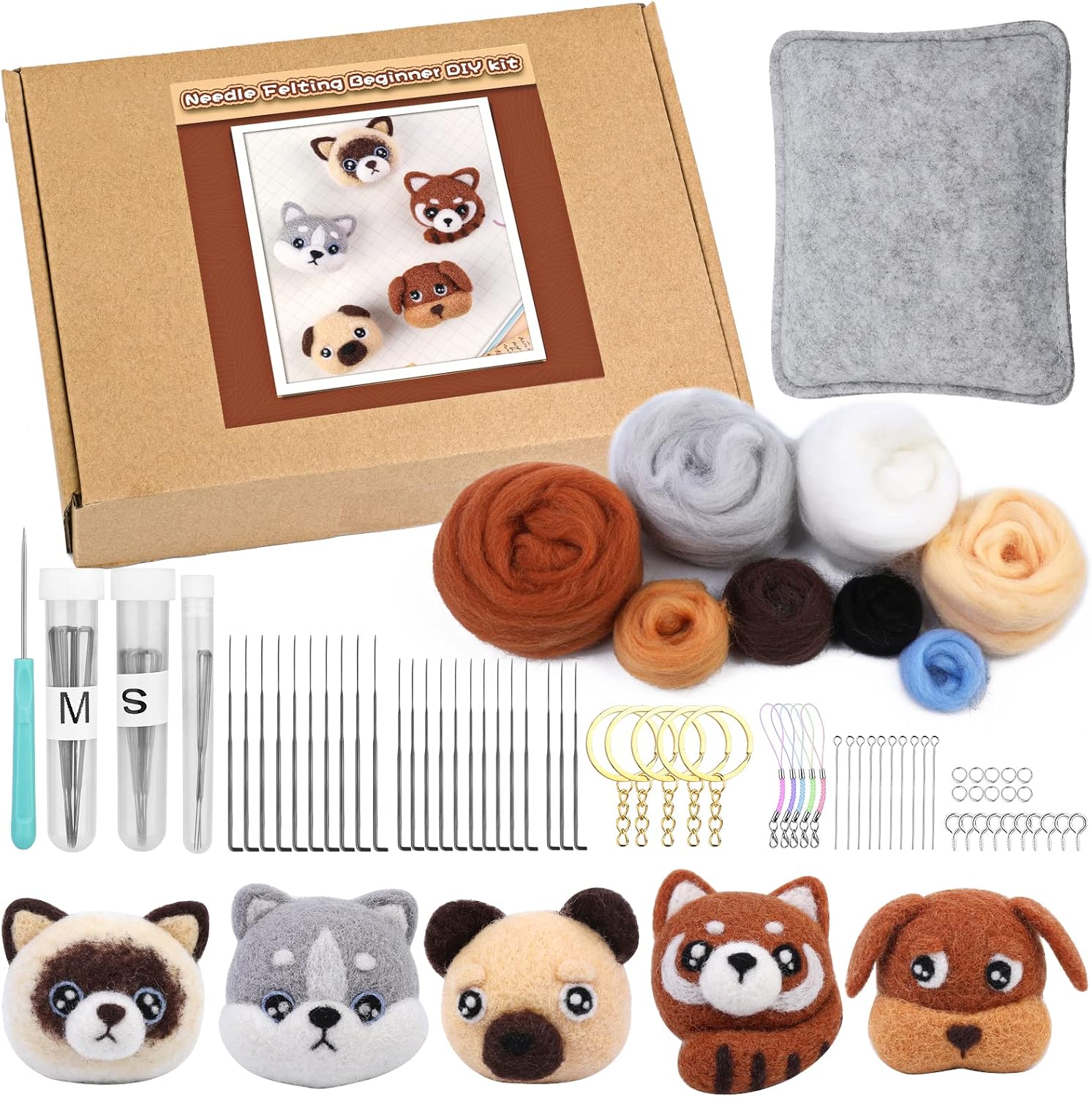 UOOU Needle Felting Beginner Kit, Needle Felting Starter Kit, Wonderful Gift, Cute Animals, Needle Felting Supplies, Wool Felt Keychain Set Included Wool Roving, Needle Felting Pad, Felting Needles