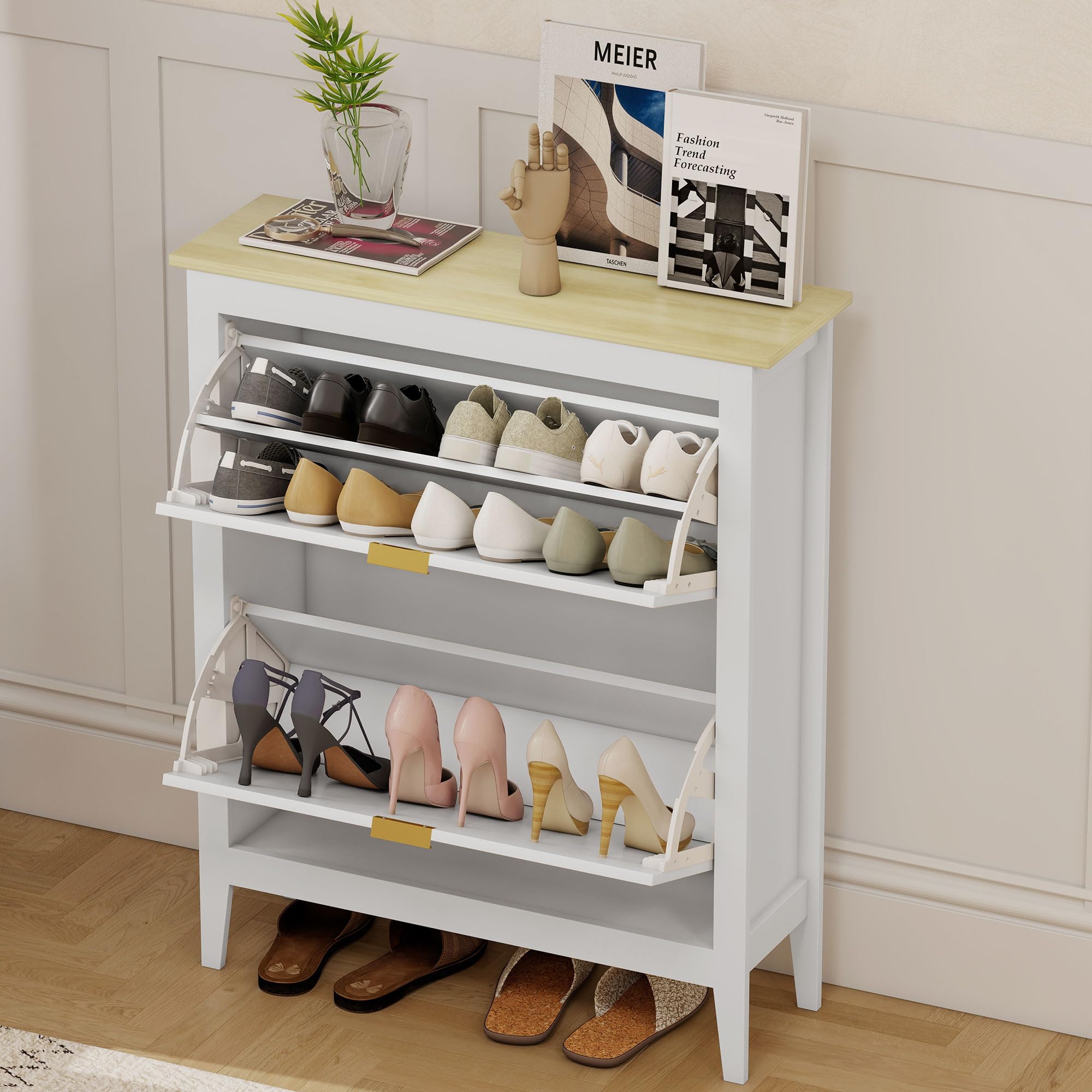 HOMCOM Scarpiera Salvaspazio Slim con 2 Ante a Ribalta Stile Boho in Rattan Scarpiera Ingresso con Ripiani regolabili a 2 livelli Porta Scarpe per 14 paia con maniglia, 80x24x95.5 cm, Bianco